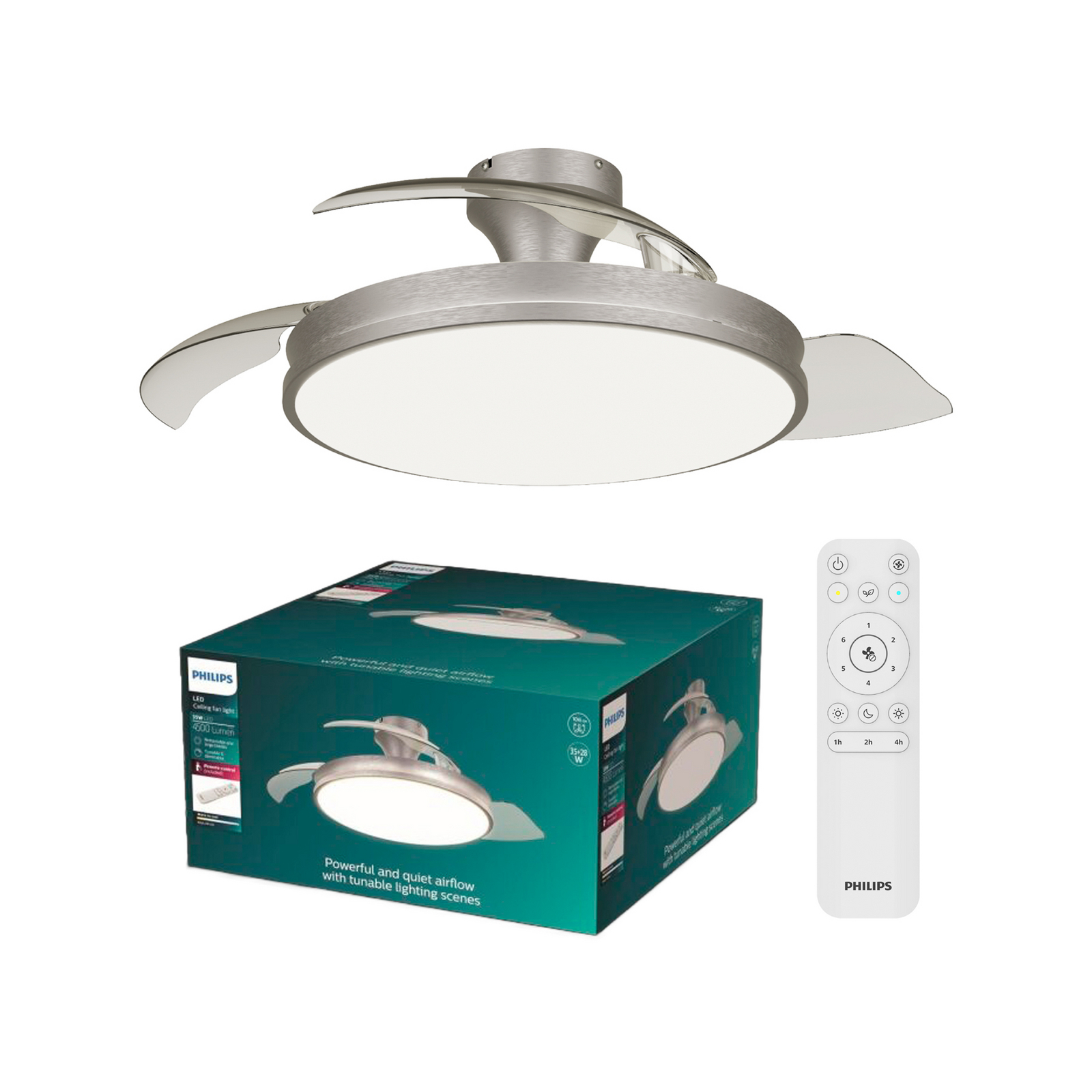 Wentylator sufitowy LED Philips Atlas, niklowy, cichy, CCT