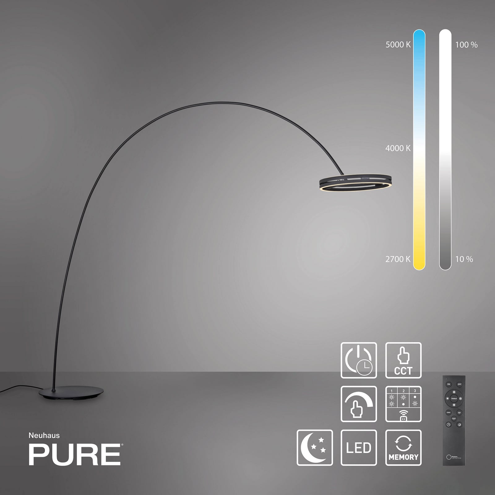 Loop-Bow LED-Stehlampe, schwarz, Ausladung 290cm, CCT - PURE Loop-Bow LED-Stehlampe, schwarz, Ausladung 290cm, CCT - PURE