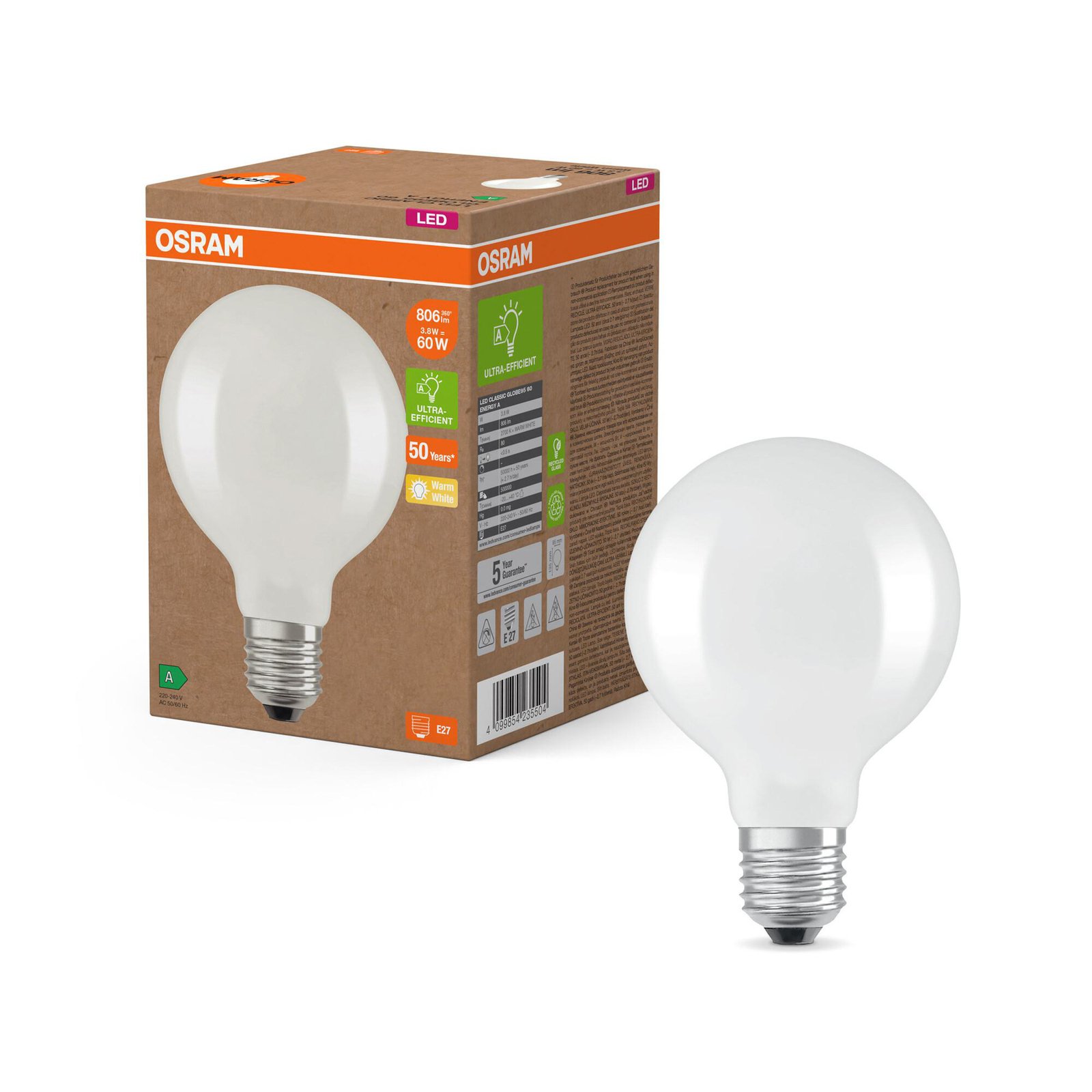 OSRAM LED-pære Globe G95 E27 3,8W matt 2,700K