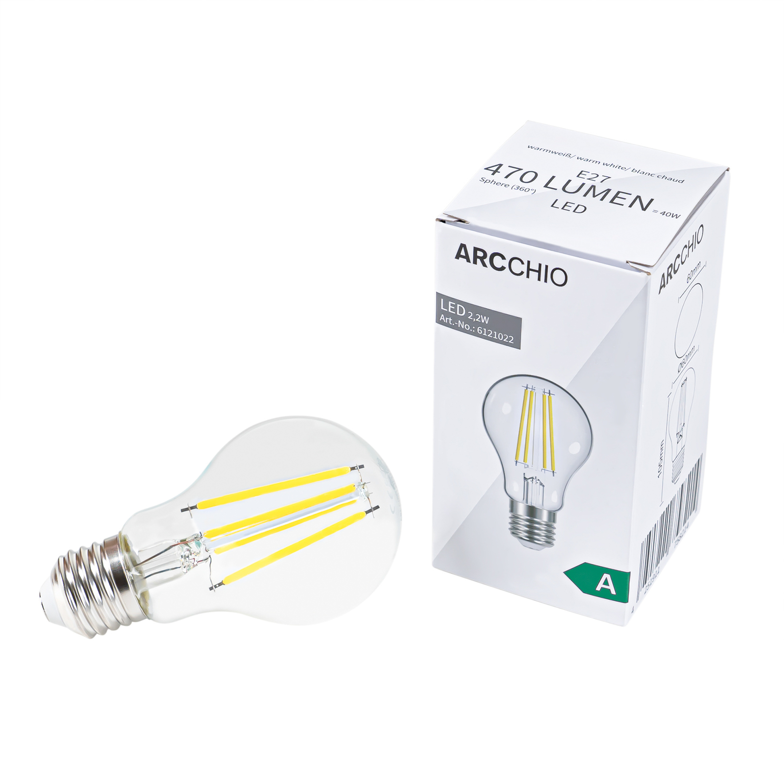 Filament LED bulb E27 2.2W 3,000K, 470 lumens, clear