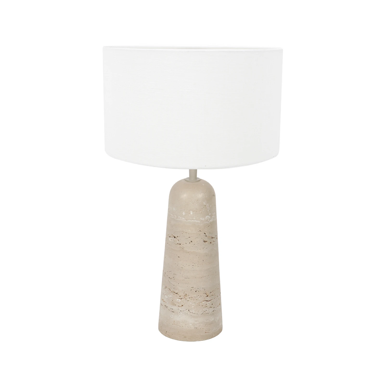 Tafellamp Travino, hoogte 49 cm, travertijn, linnen, E27