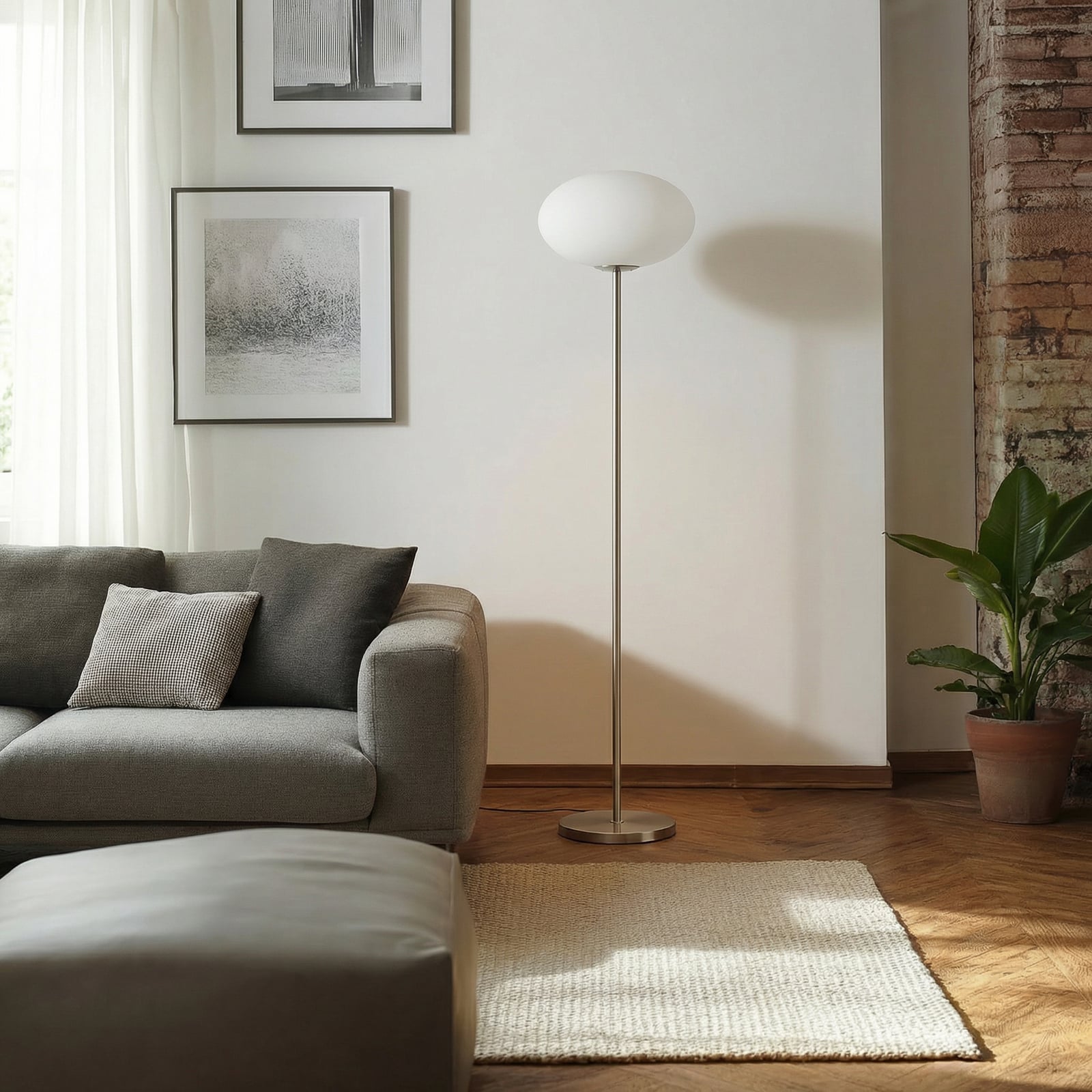 Lindby gulvlampe Sonika, 175 cm, nikkelfarget, glass, E27