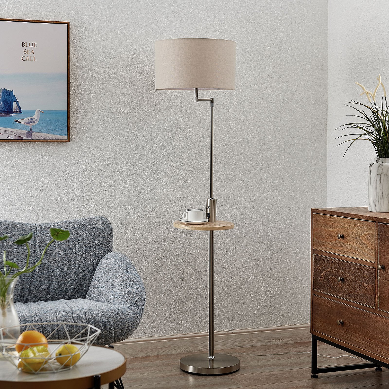 Zinia Floor Lamp Nickel/Grey/Wood - Lindby