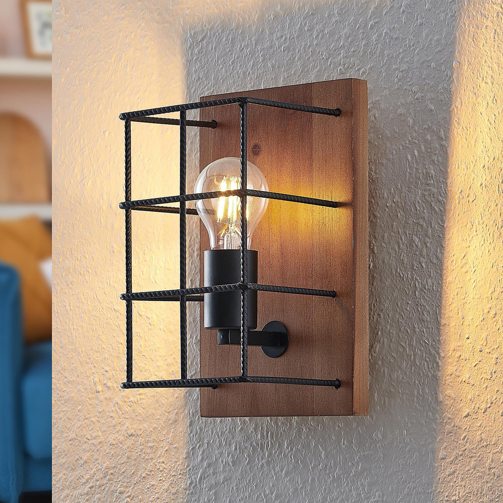 Lindby Mireille cage wall lamp with wood, one-bulb
