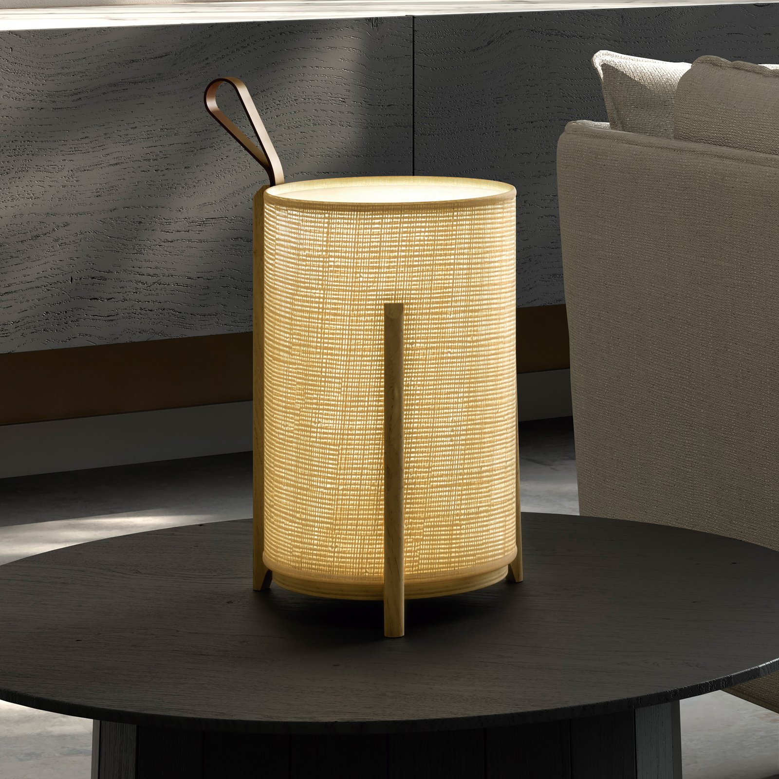 LED table lamp Greta, rechargeable battery, natural fibre/oak Ø20cm
