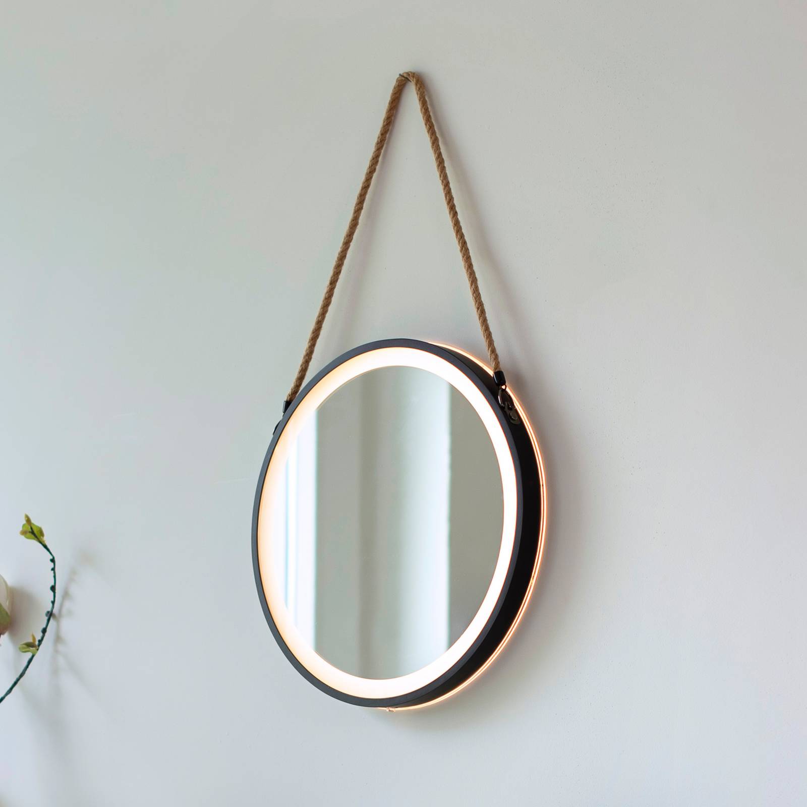 Lustro ścienne LED VIDRO, czarne, Ø 40 cm, metal/szkło, wiszące
