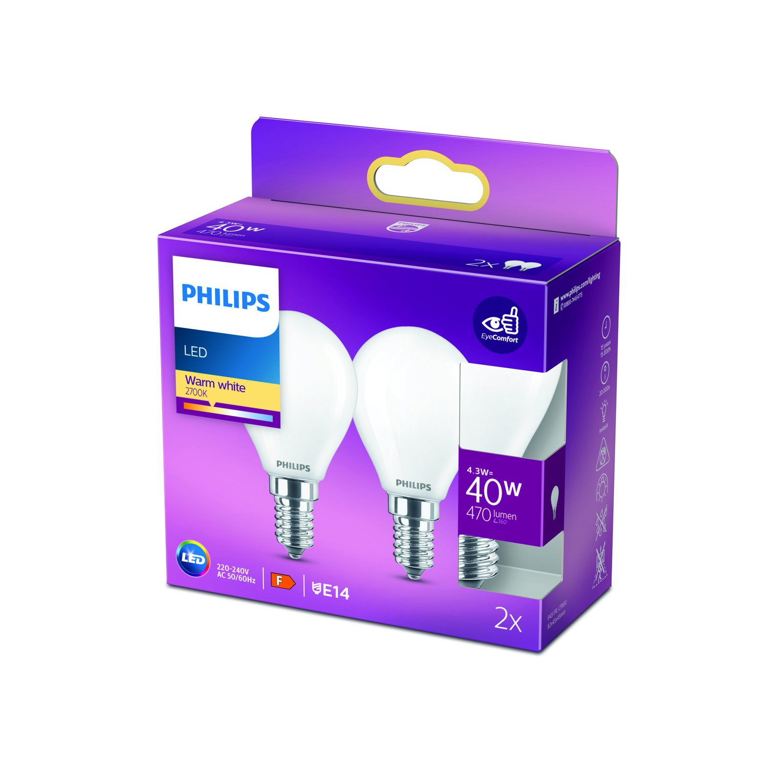 Philips LED-dropplampa E14 4,3W 2 700 K 2-pack