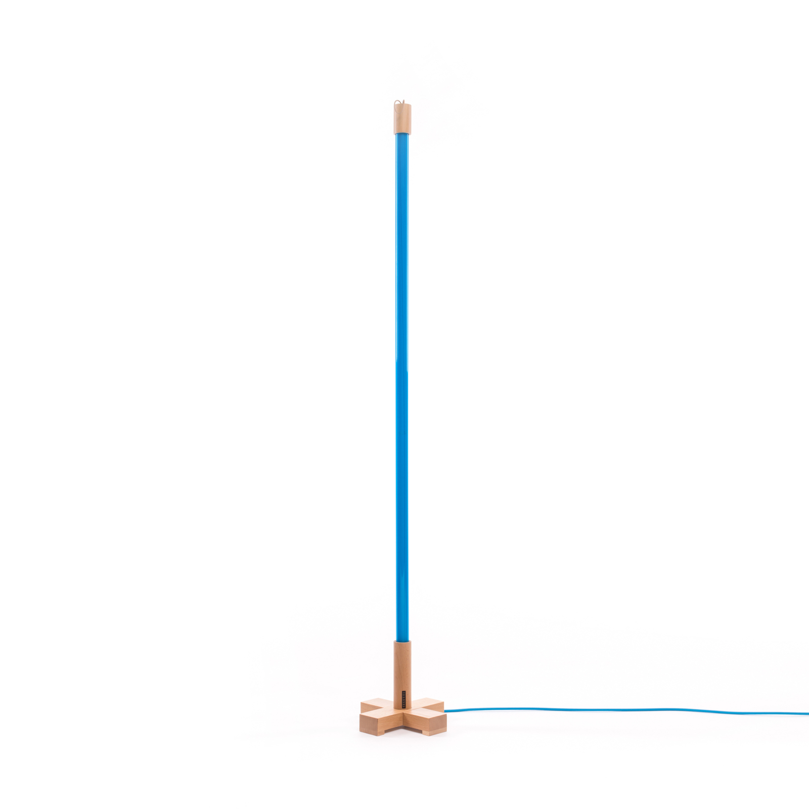Lampa stojąca LED Linea z drewnem, niebieska