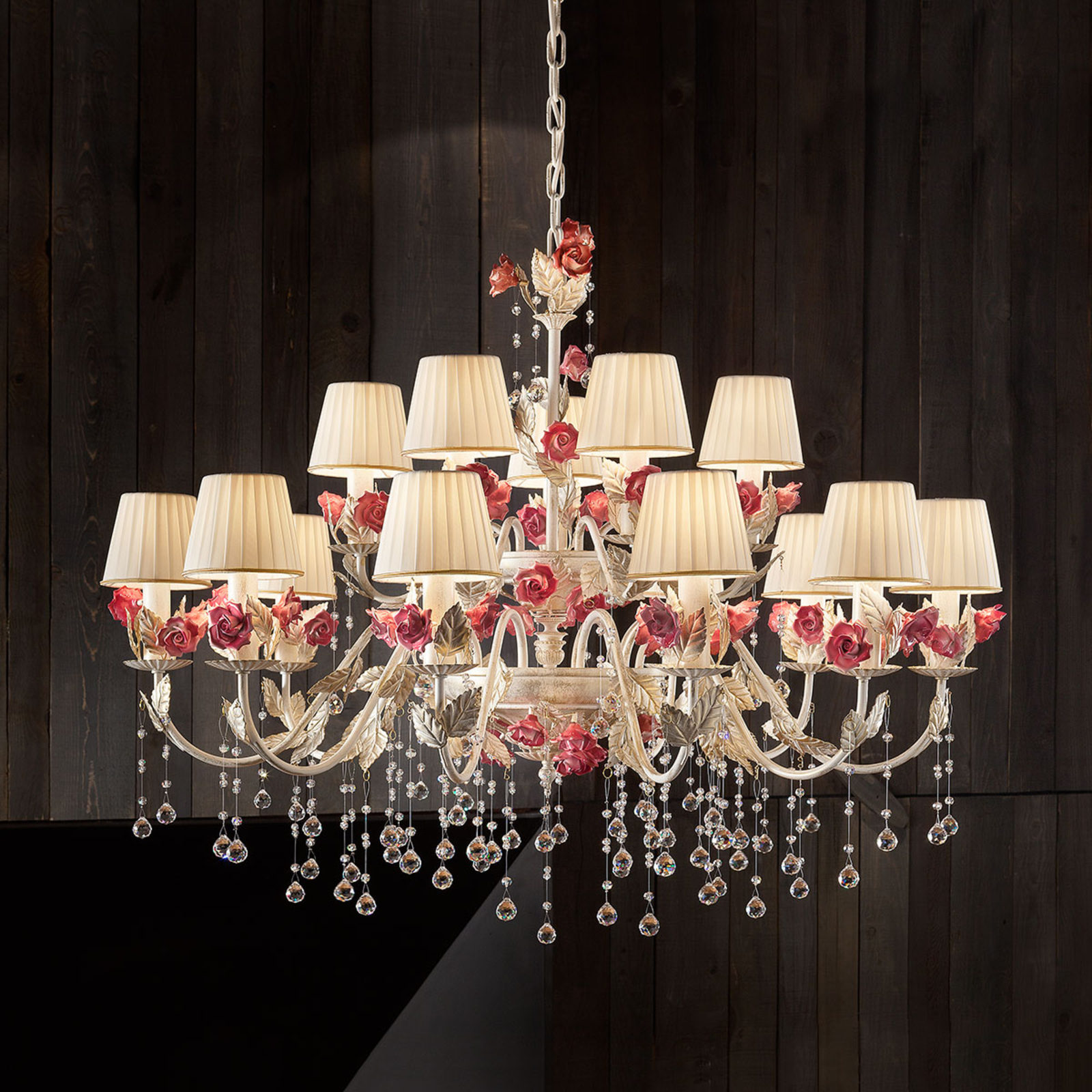 Masiero Fiore effective chandelier, 15-bulb, for Living / Dining Room, metal, ceramics, crystal, fabric, E14, 40 W, energy efficiency: A++, H: 70 cm