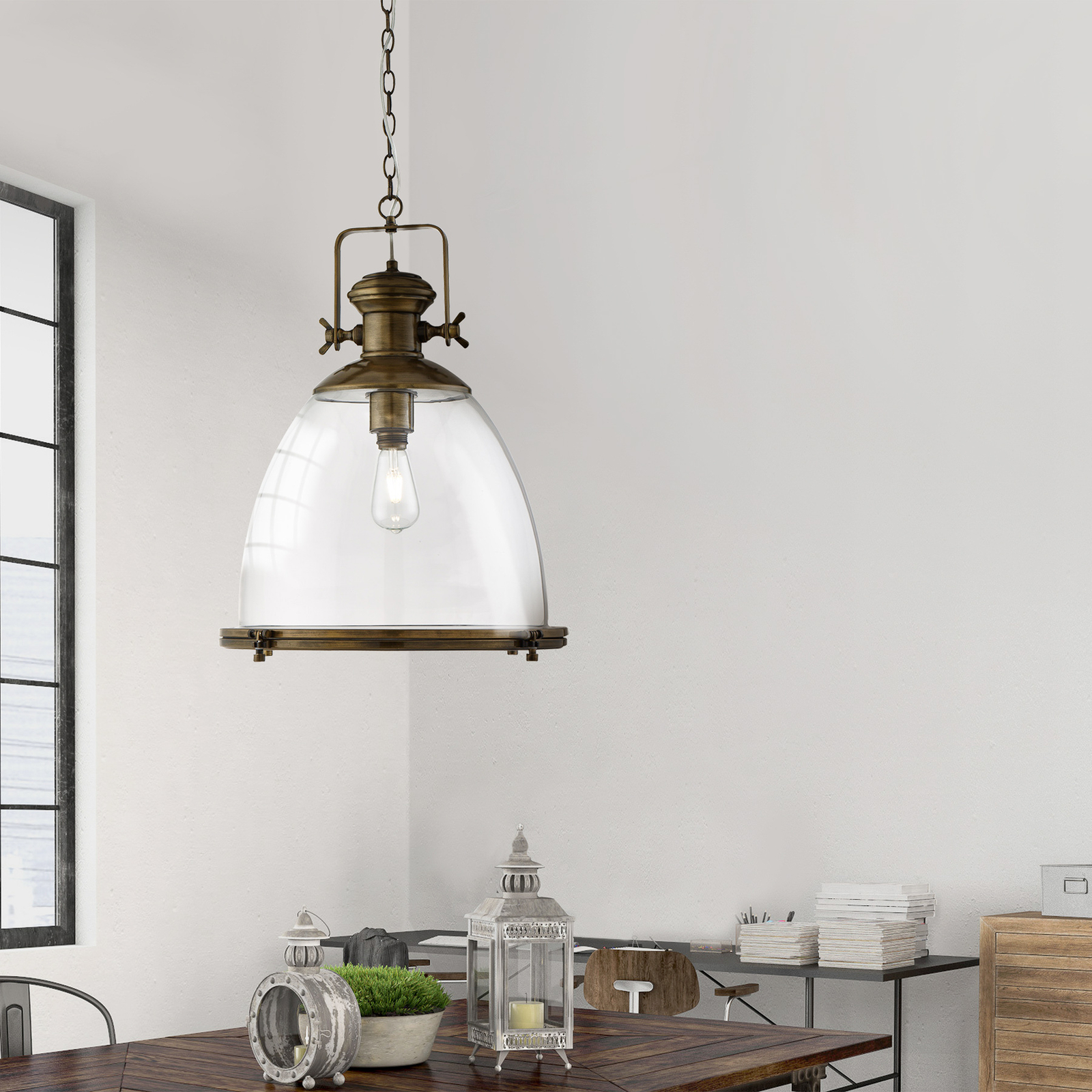 Industrial pendant light, brass-coloured/clear, glass, E27