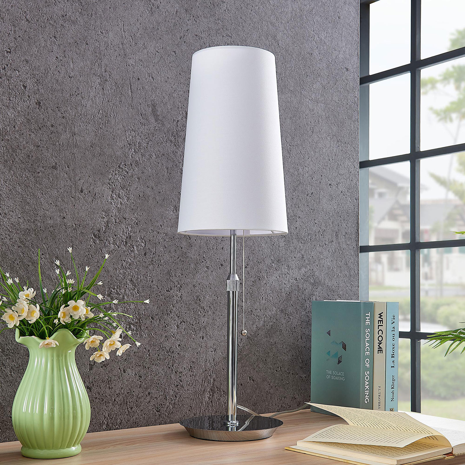 Lucande Pordis table lamp, chrome and white, for Living / Dining Room, metal, fabric, E27, 60 W, energy efficiency: A++, H: 70.5 cm
