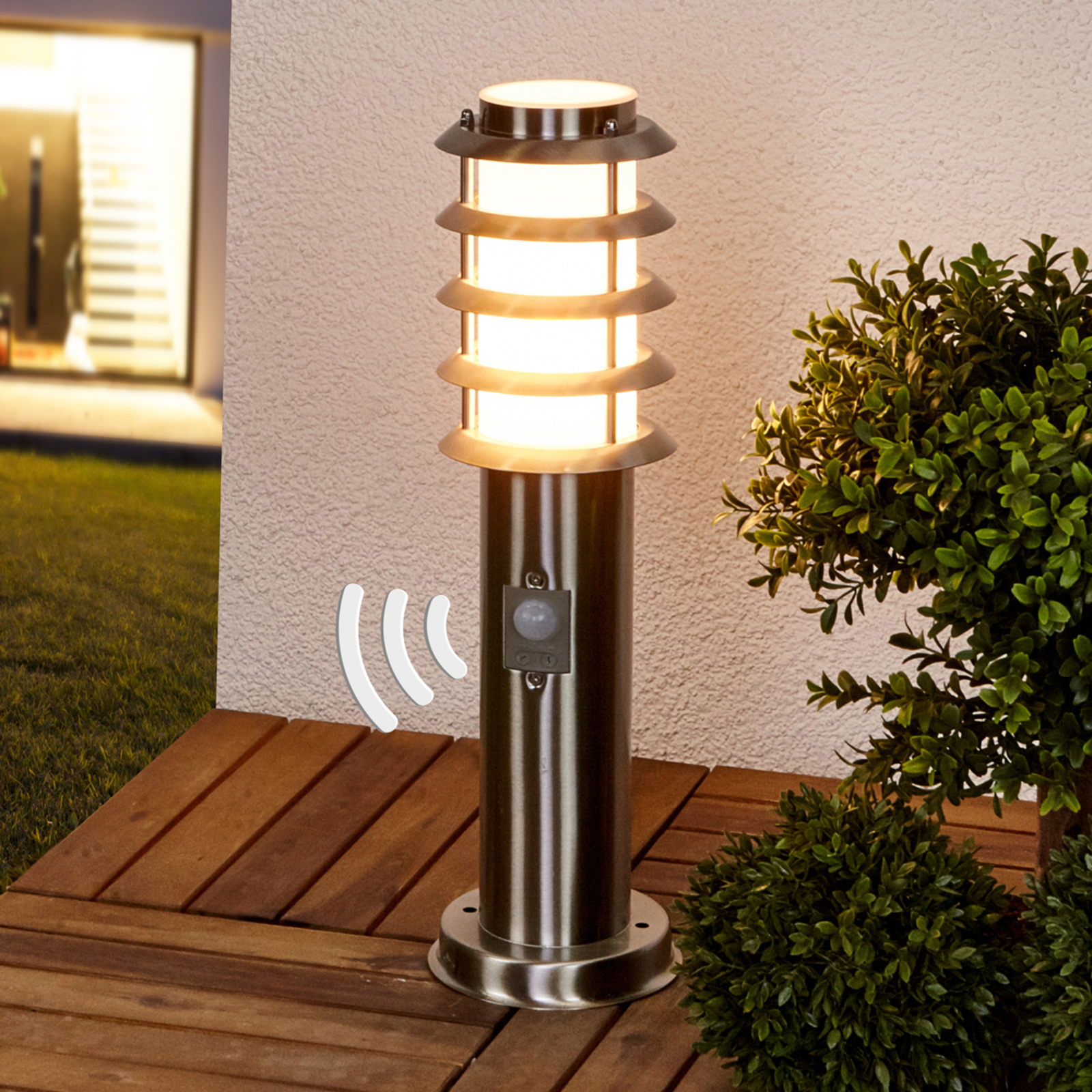 Lindby Selina - pillar lamp including motion detector, stainless steel, polycarbonate, E27, 40 W, energy efficiency: A++, H: 45 cm