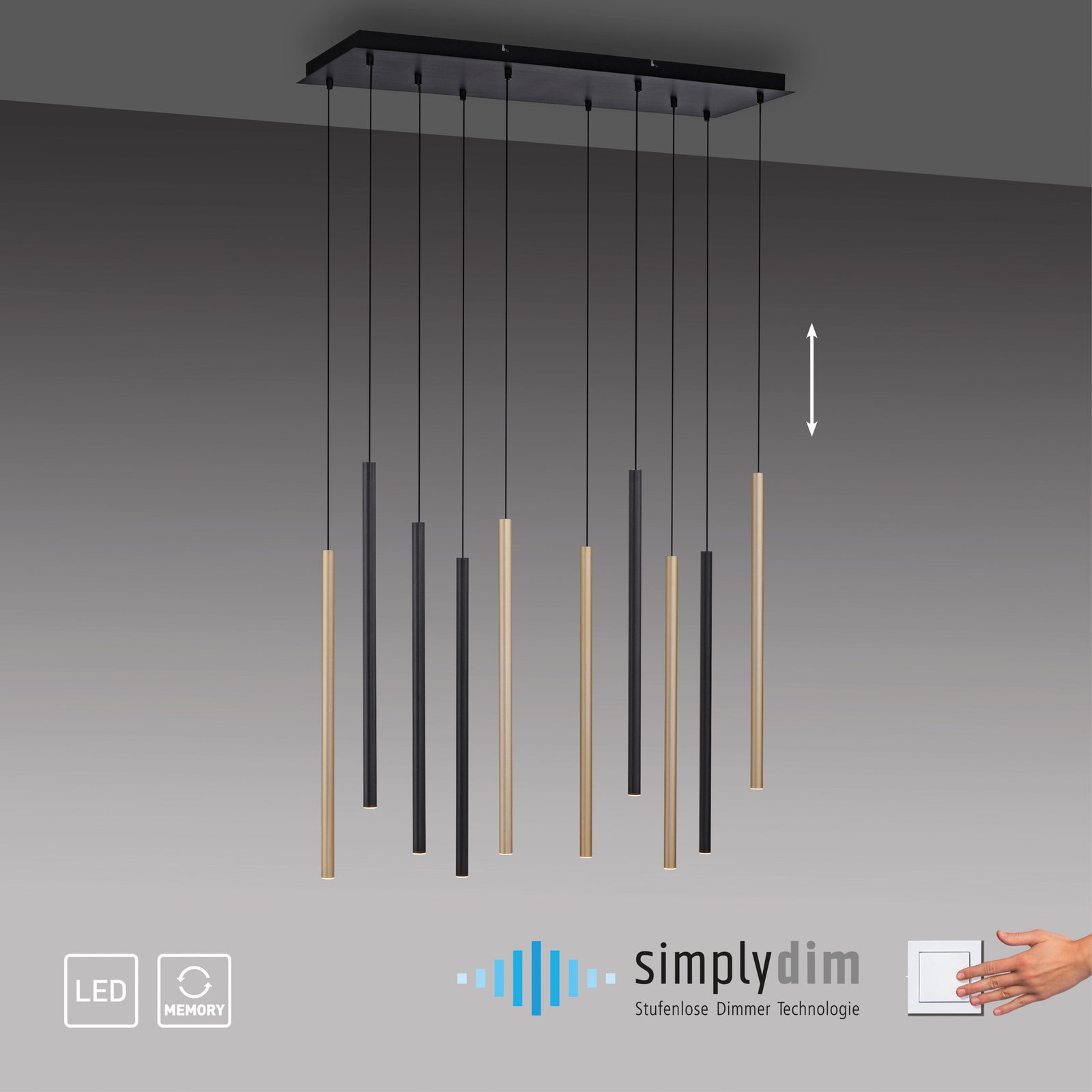 Candeeiro suspenso Flute LED, regulável, 10 luzes