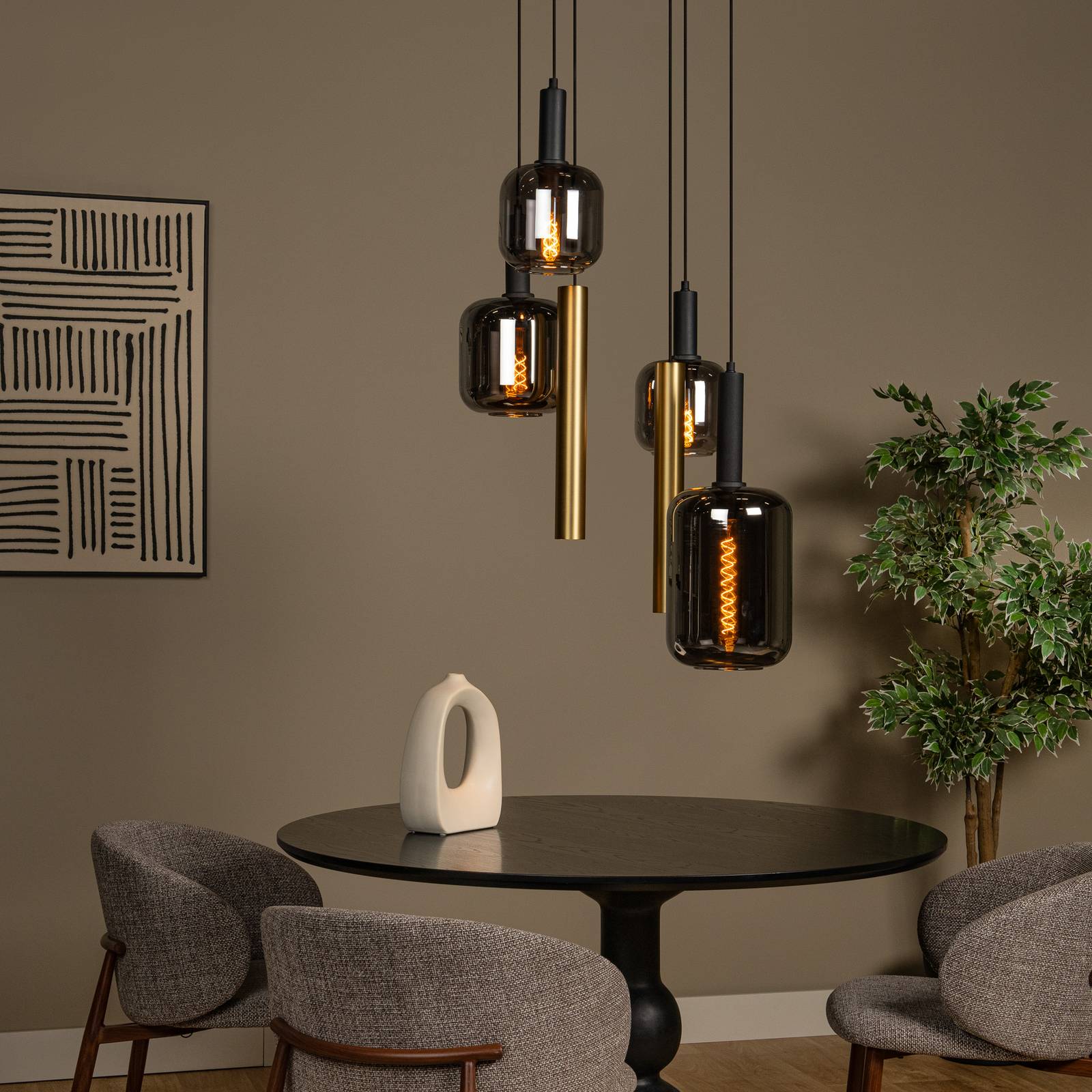 Hängelampe Joanet, Ø 65 cm, rauch/messing Glas/Metall 6-flg. günstig online kaufen