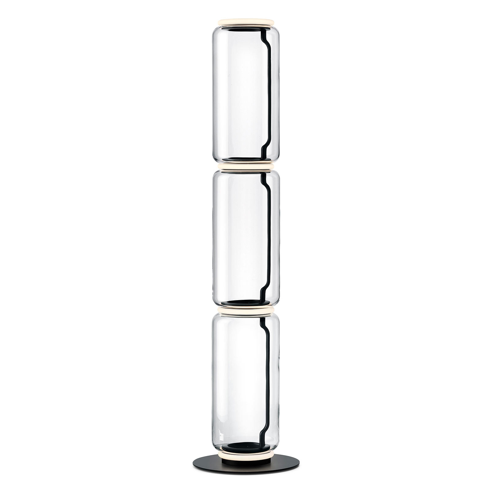 Flos FLOS Noctambule 3 high cylinders, small base, for Living / Dining Room, glass, aluminium, 36 W, energy efficiency: A+, H: 164 cm