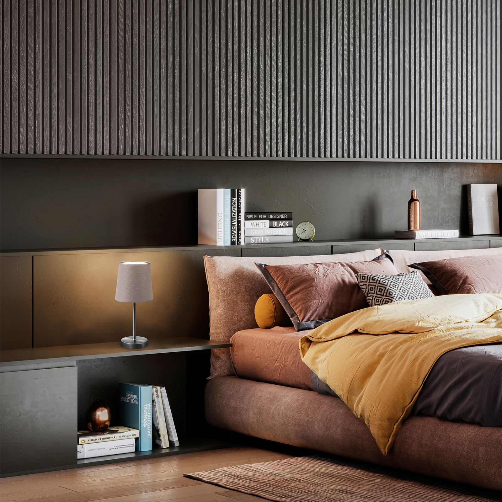 Stolní lampa Kaneo, taupe, výška 30,8 cm, kov, textil, E14 Stolní lampa Kaneo, taupe, výška 30,8 cm, kov, textil, E14