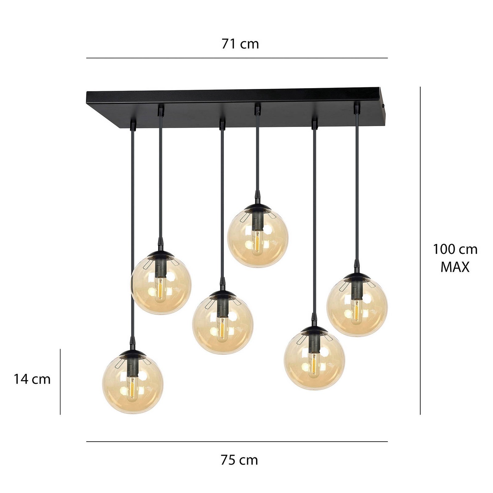 Lámpara colgante Glassy, 6 luces, negro, ámbar, cristal, 75 cm