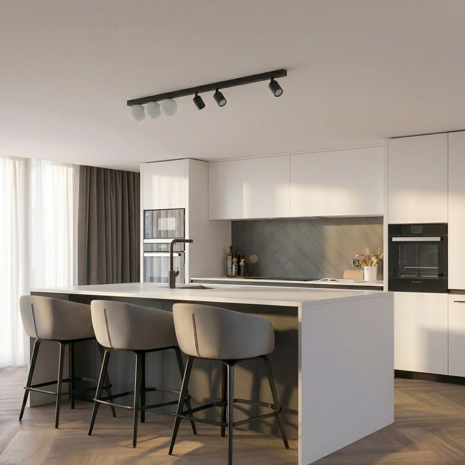 Plafondlamp Vox, 6-lamps, glas, zwart, lengte 159 cm