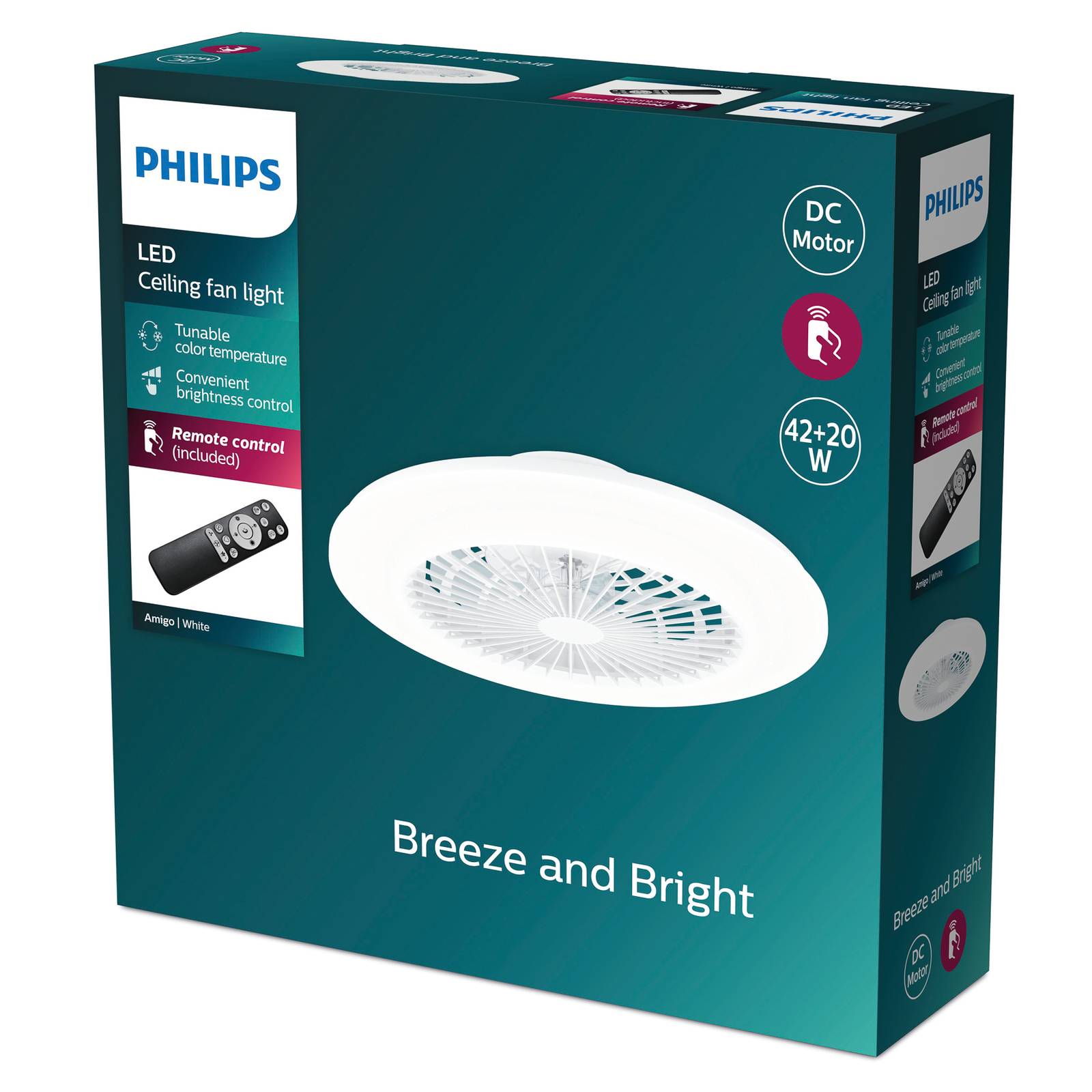 E-shop Philips Amigo stropný ventilátor s LED osvetlením