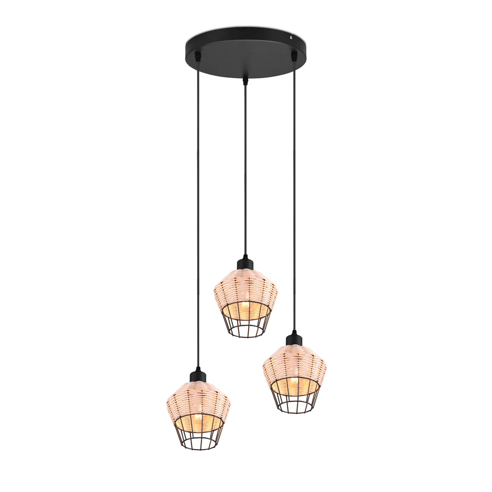 Suspension Borka, à trois lampes, ronde, naturelle