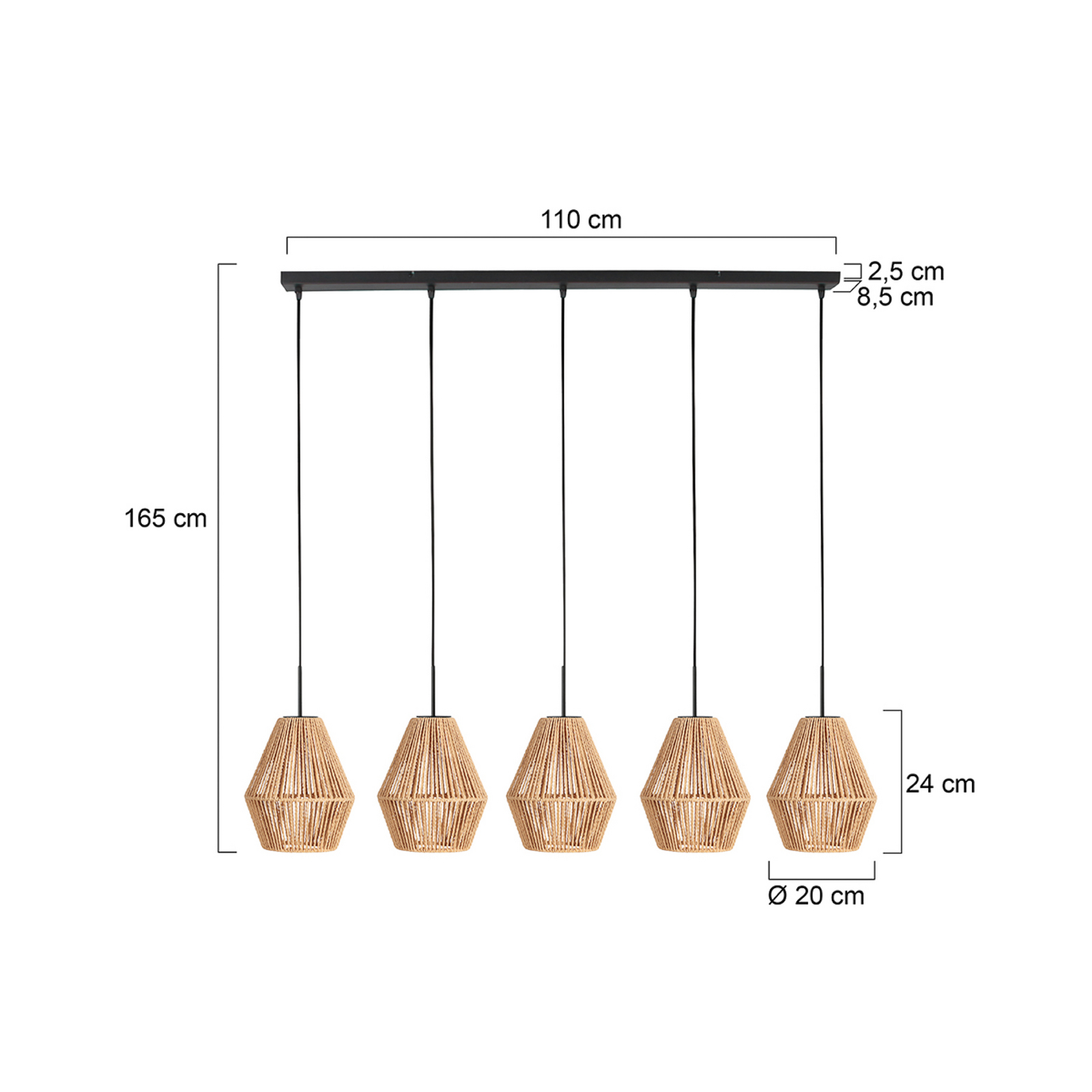 Suspension Ropex 4531, à 5 lampes, longue, noire, câble marron