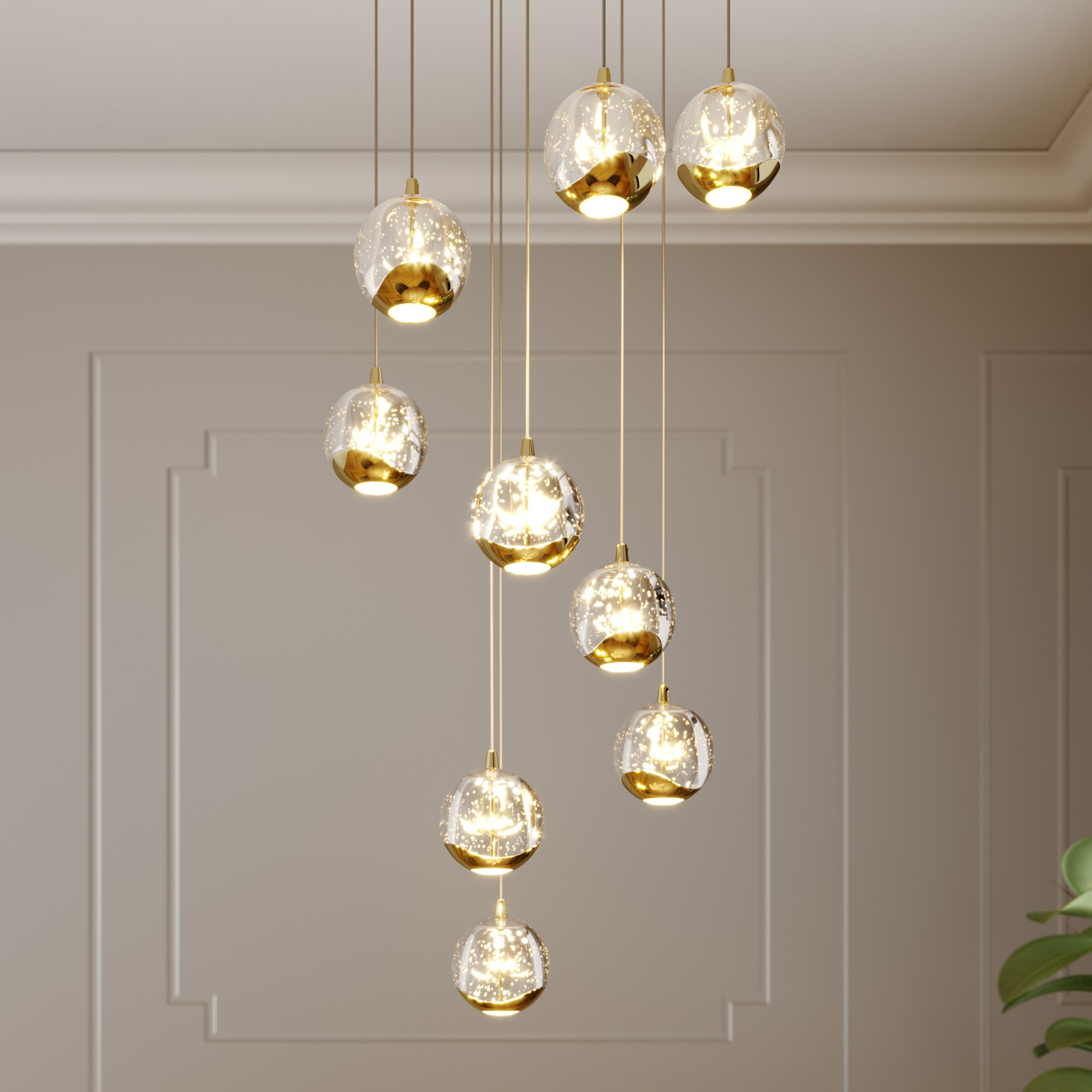 Lucande Hayley LED-pendellampe, 9 lyskilder, gull