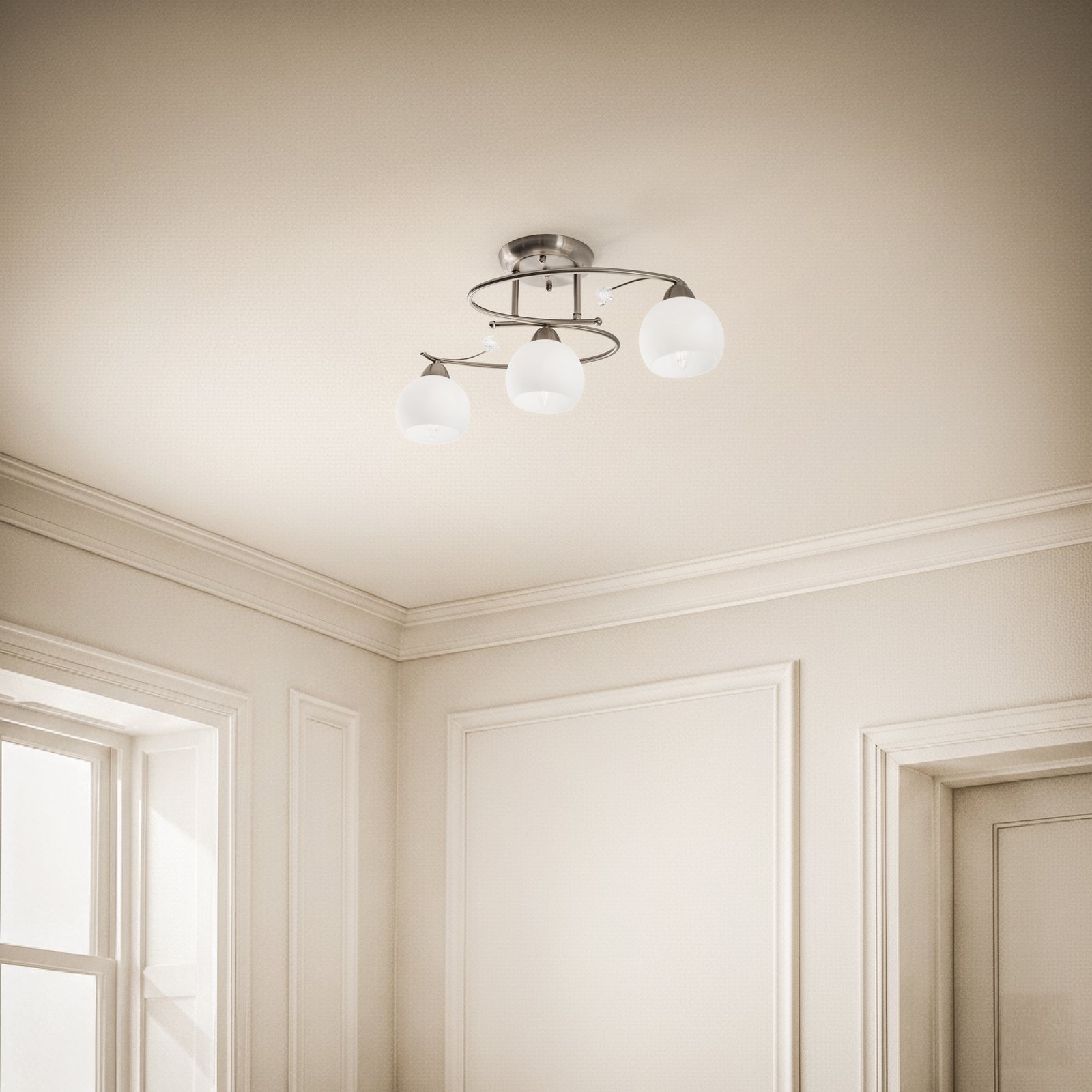 Lindby ceiling lamp Svean, 3-bulb, nickel/white, glass, length 60 cm
