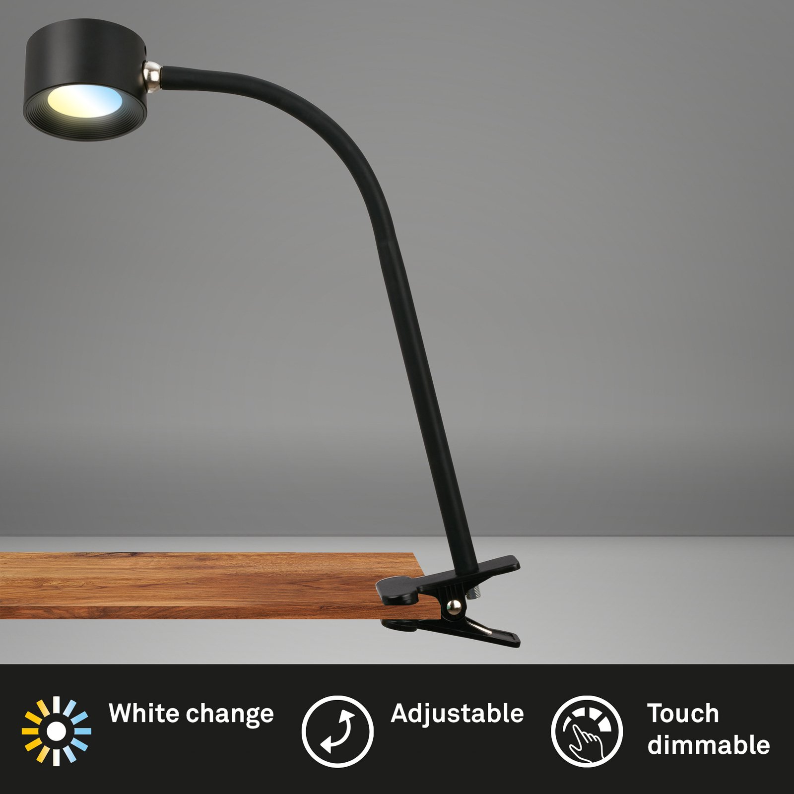 Tari LED lampa na stezaljku na baterije, crna, CCT, dimer na dodir, USB