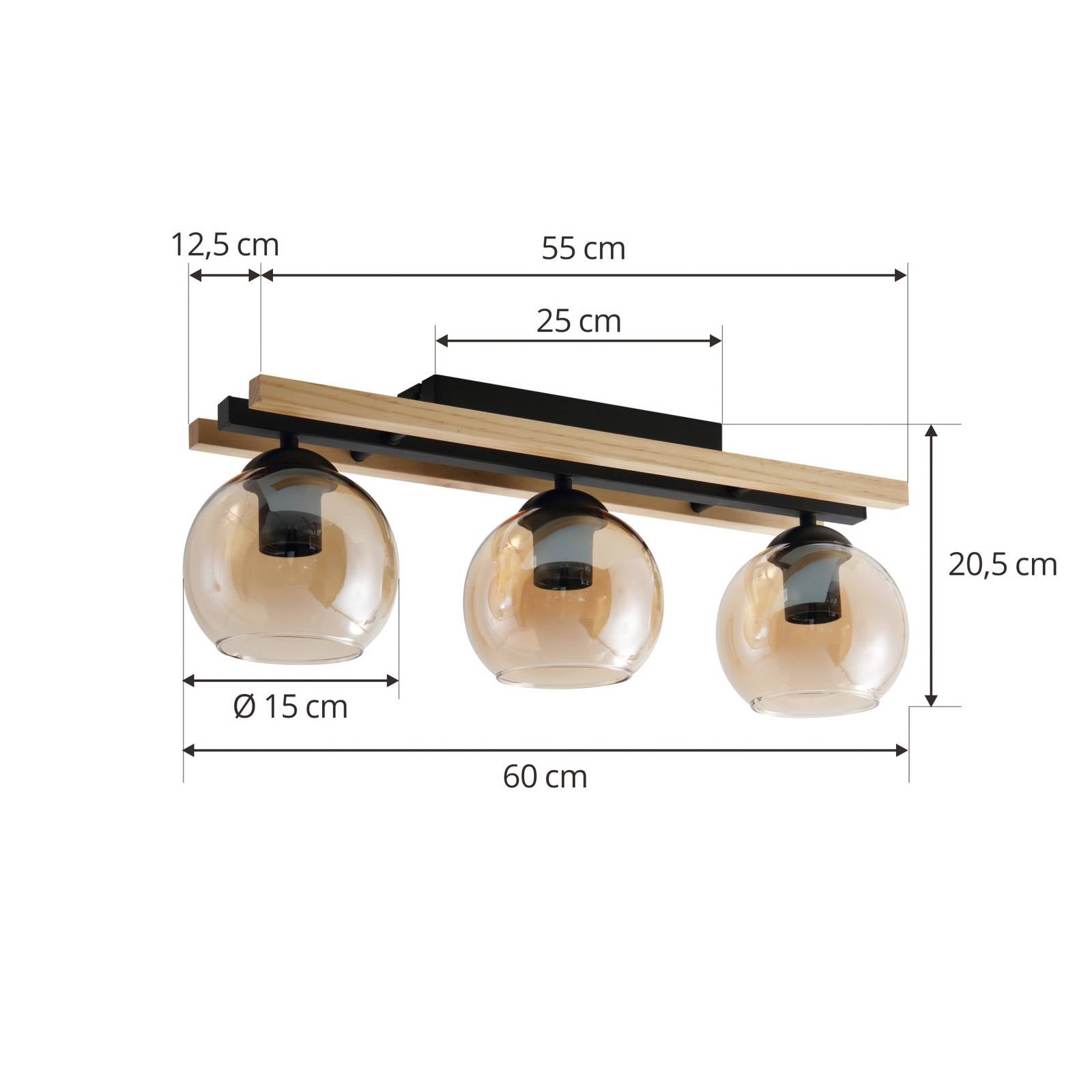 Lampa sufitowa Lindby Enrique, bursztynowy, 3-punktowa, szkło, drewno, E27
