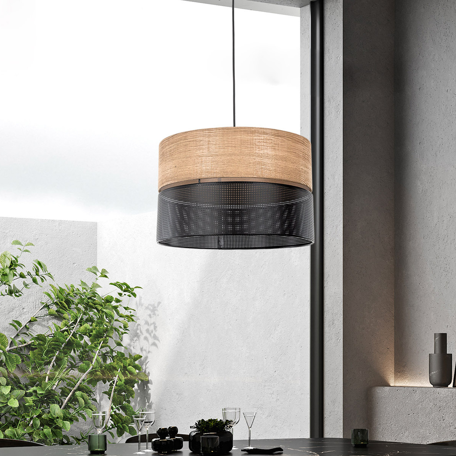 Nicol hængelampe, sort/træ-effekt, Ø 50 cm, 1-lys, 3 x E27