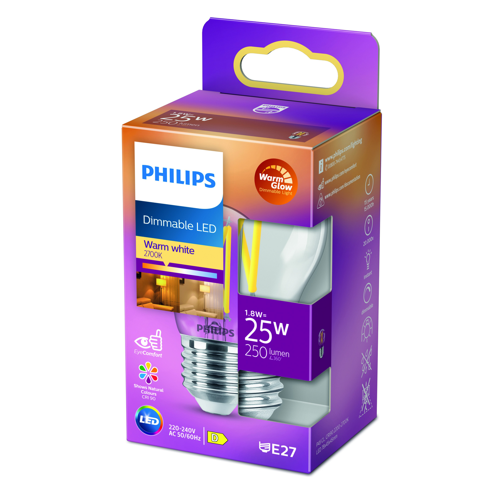 Philips WarmGlow LED lamp E27 P45 2,5W helder