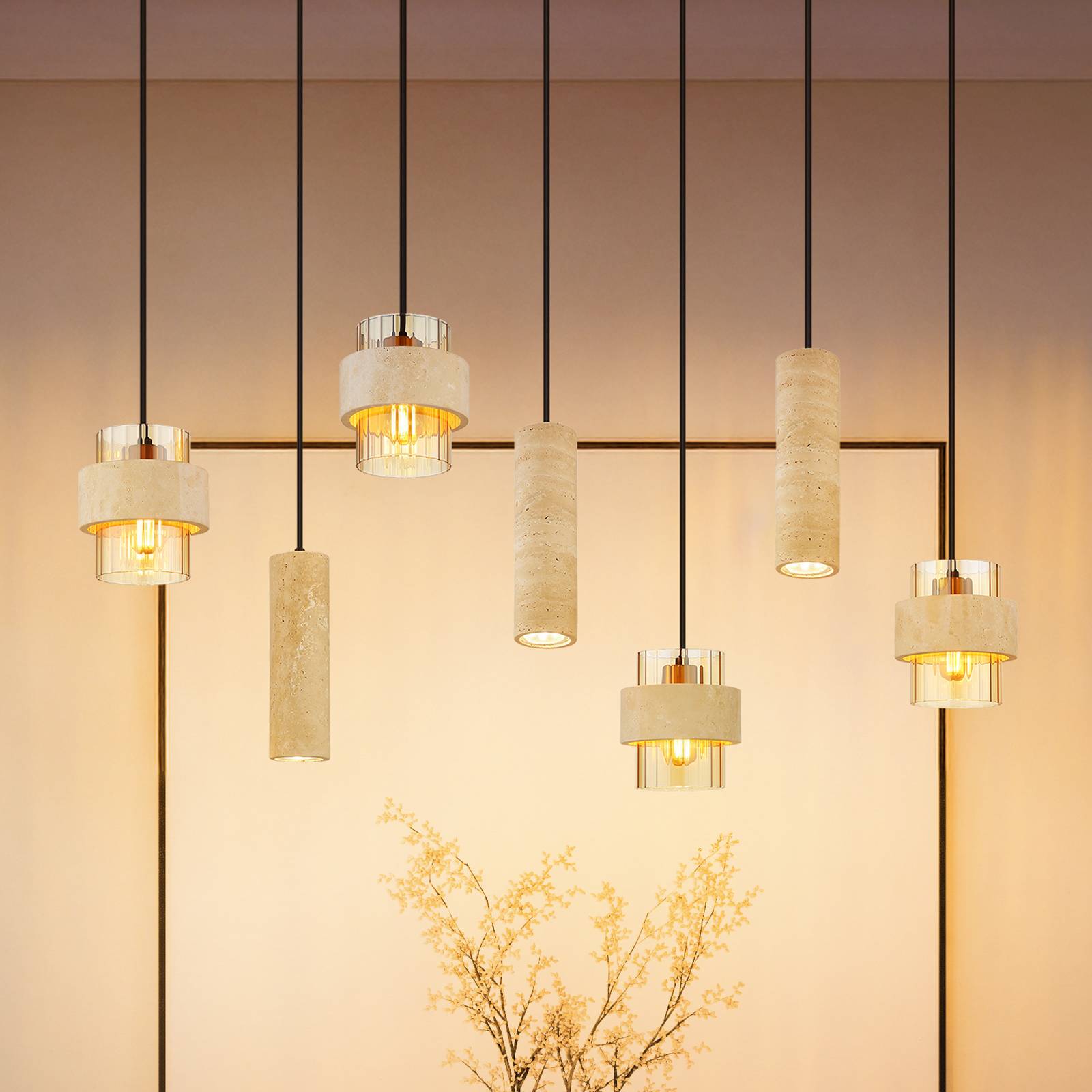 Globo Daren Pendant Light, 7-Bulb, Beige/Amber/Black, E27 + Gu10