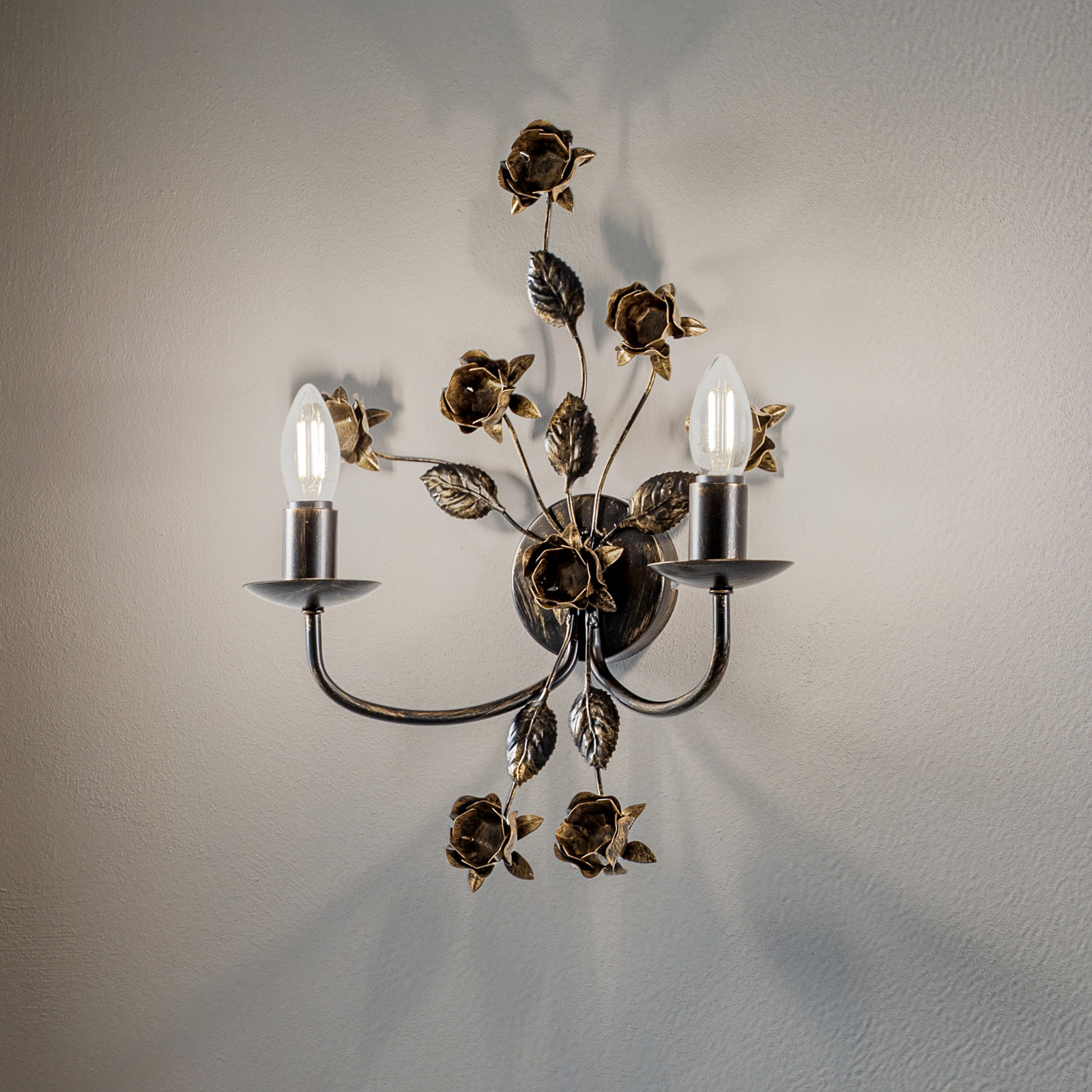 Aplique de pared Carolina, color bronce, 2 luces, hierro