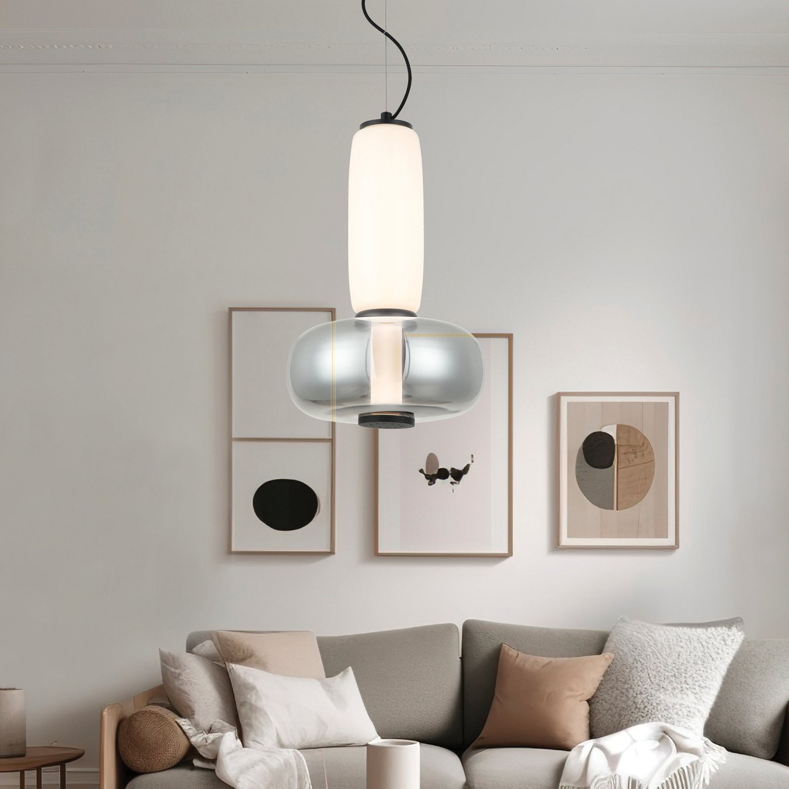LED κρεμαστή λάμπα Avery, καπνιστό γκρι/λευκό, Ø 32 cm, γυαλί