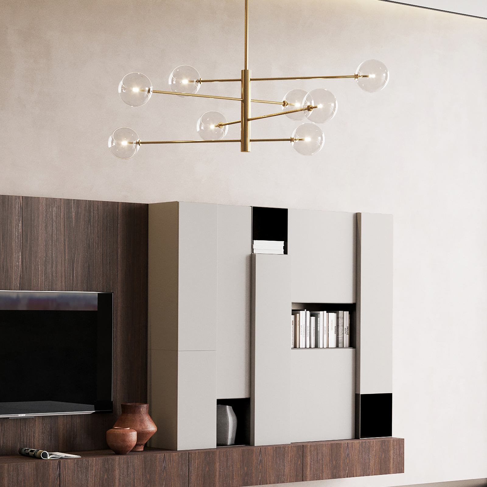 Suspension Equinoxe d'IDEAL LUX, laiton/transparent, à 8 lampes
