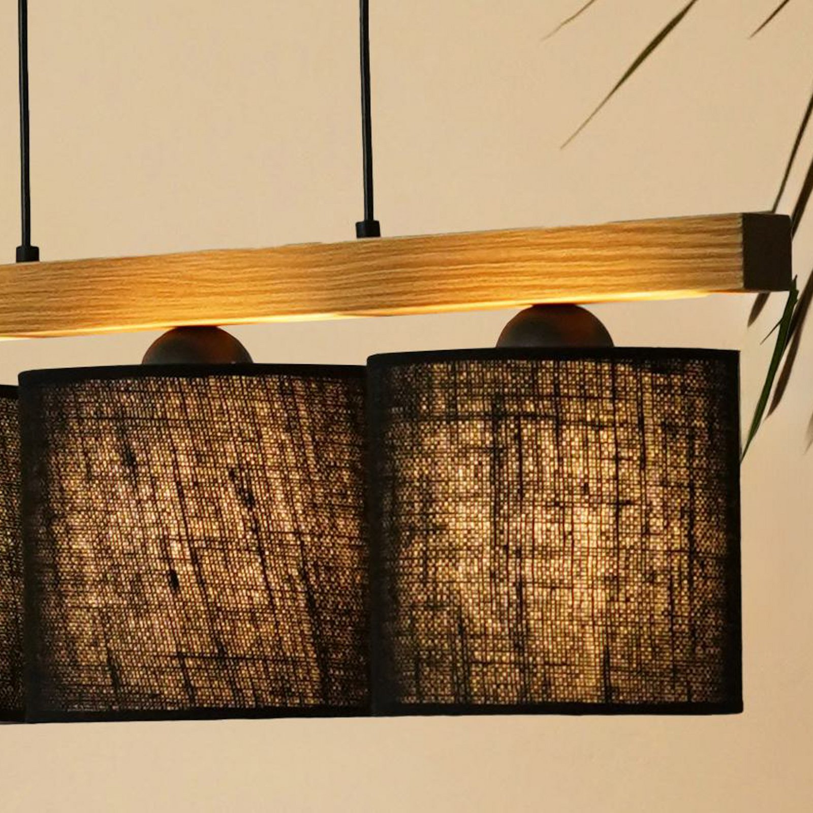 Forest hanging light, light wood/black, black jute, 3-bulb