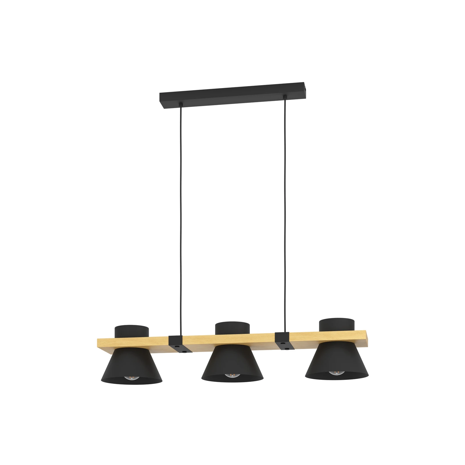Hanglamp Maccles in zwart met hout, 3-lamps