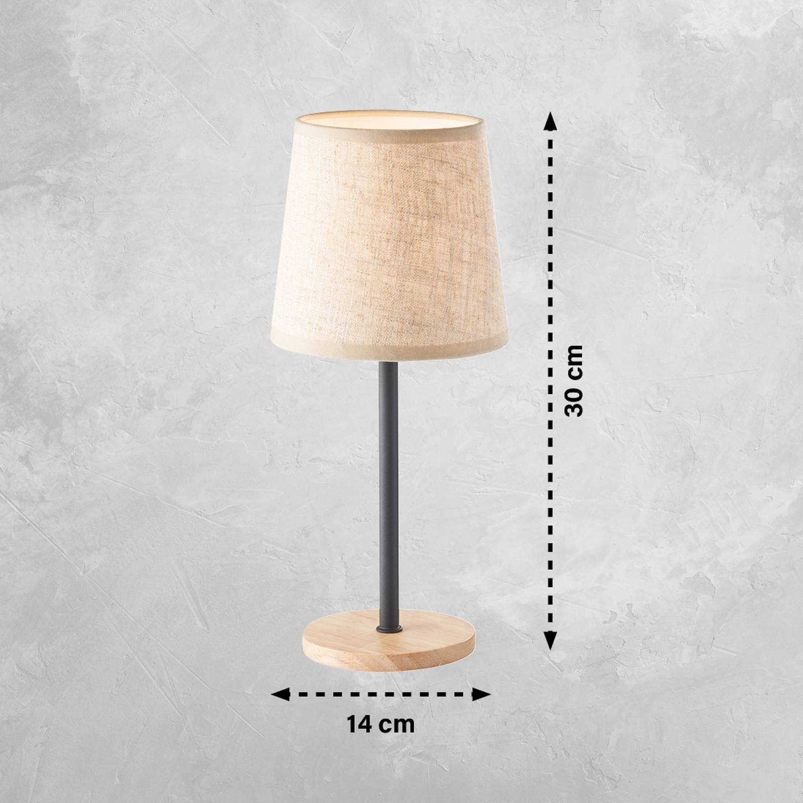 FISCHER & HONSEL Stolní lampa Rimini, písková/černá/dub, textilní výška 30 cm E14