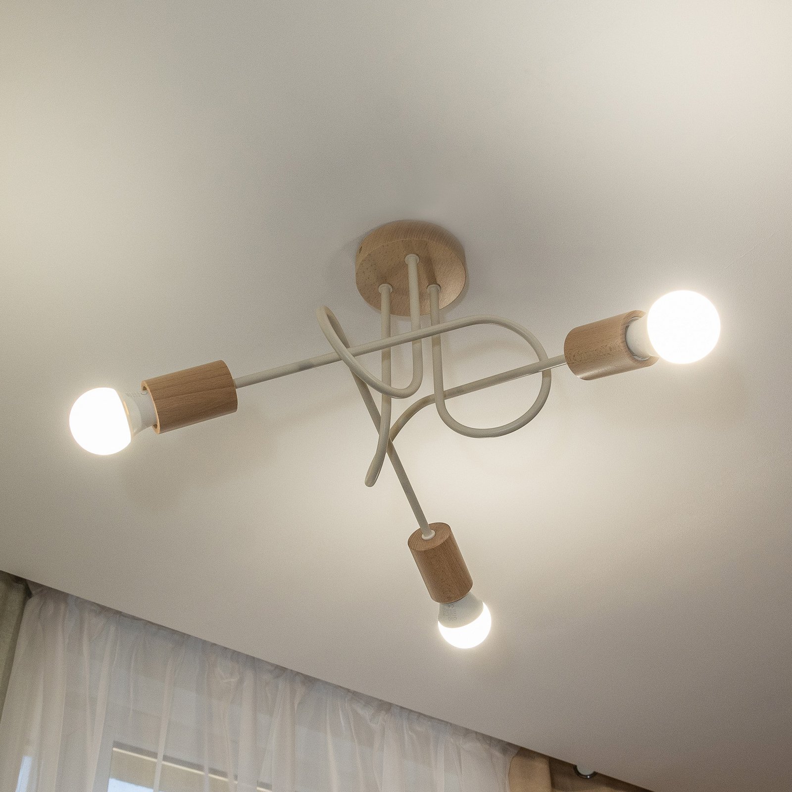Plafonnier Oxford, beige sable, bois, métal, à 3 lampes, Ø 44 cm