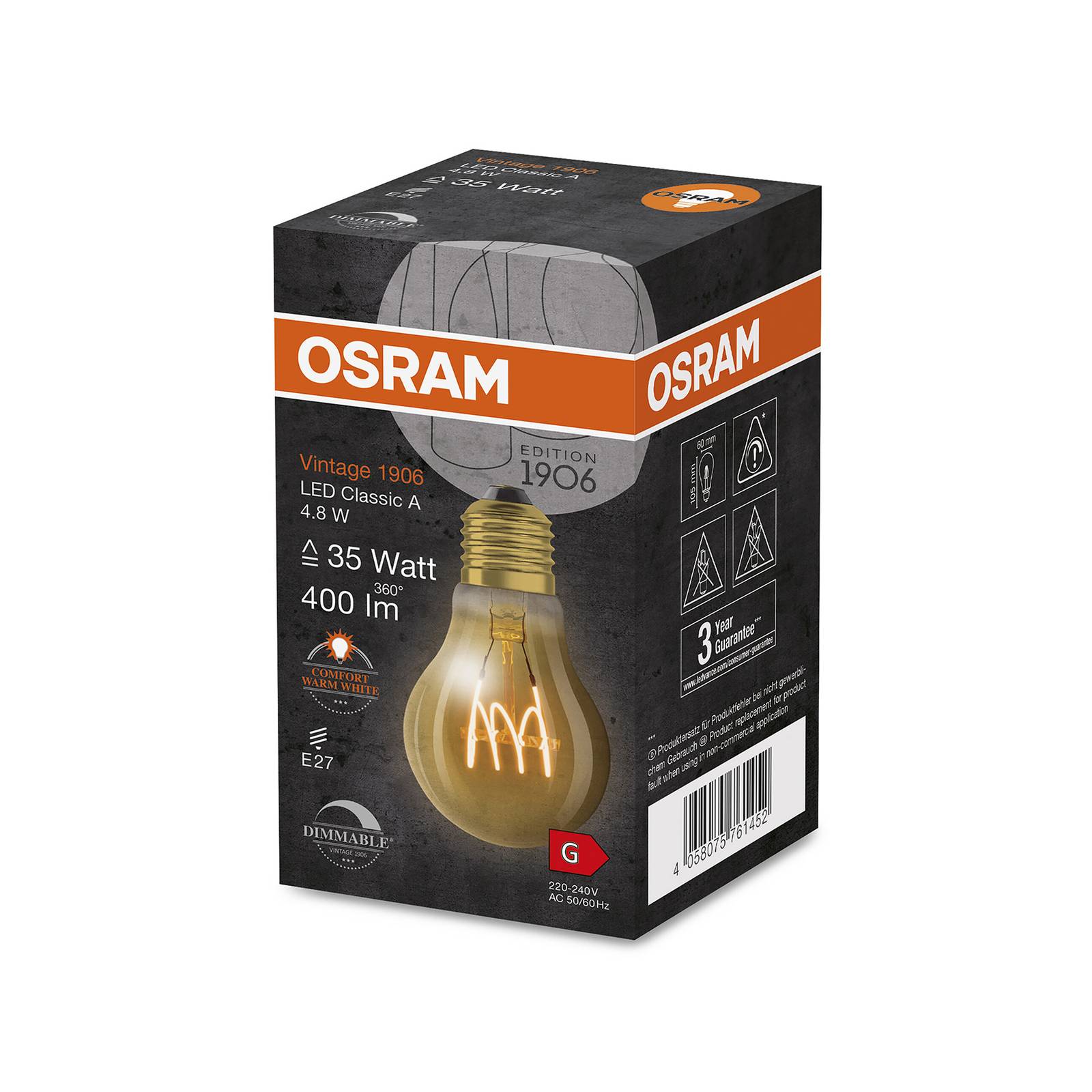 OSRAM Vintage 1906 Classic A LED E27 4,8W gull dim