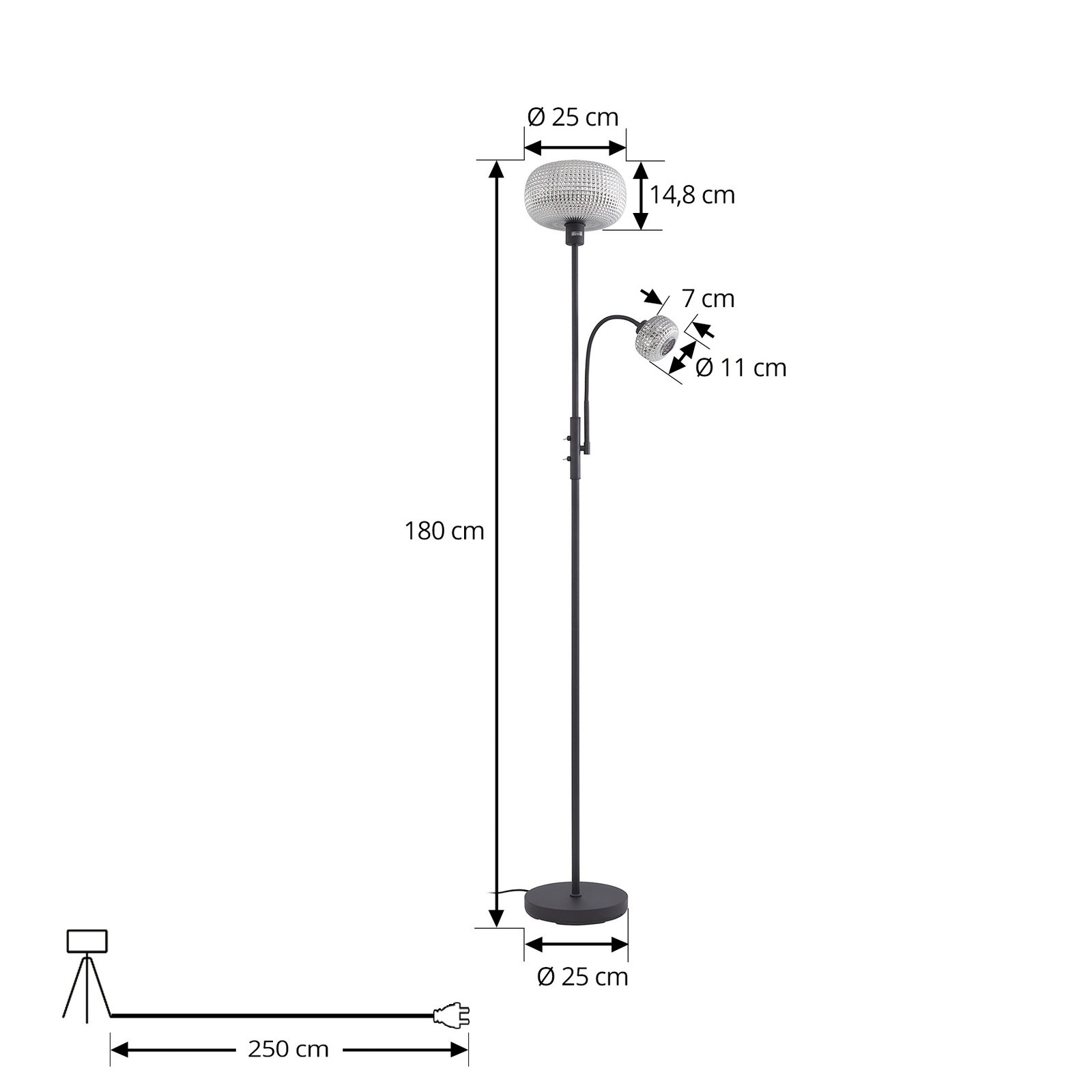 Lindby floor lamp Aliette, black/grey, glass, reading light