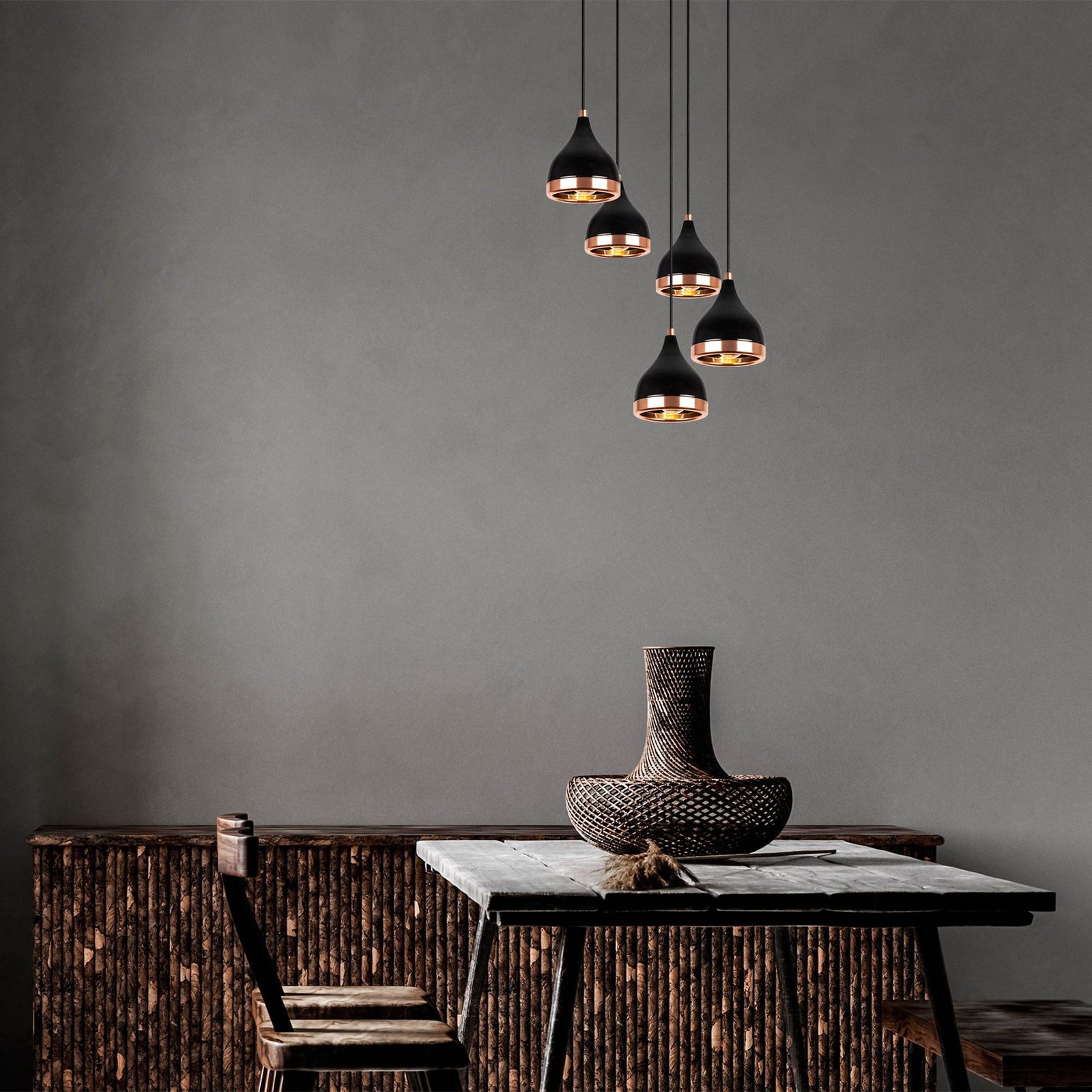 Pendant light Yildo 7005 black/copper metal 5-bulb round