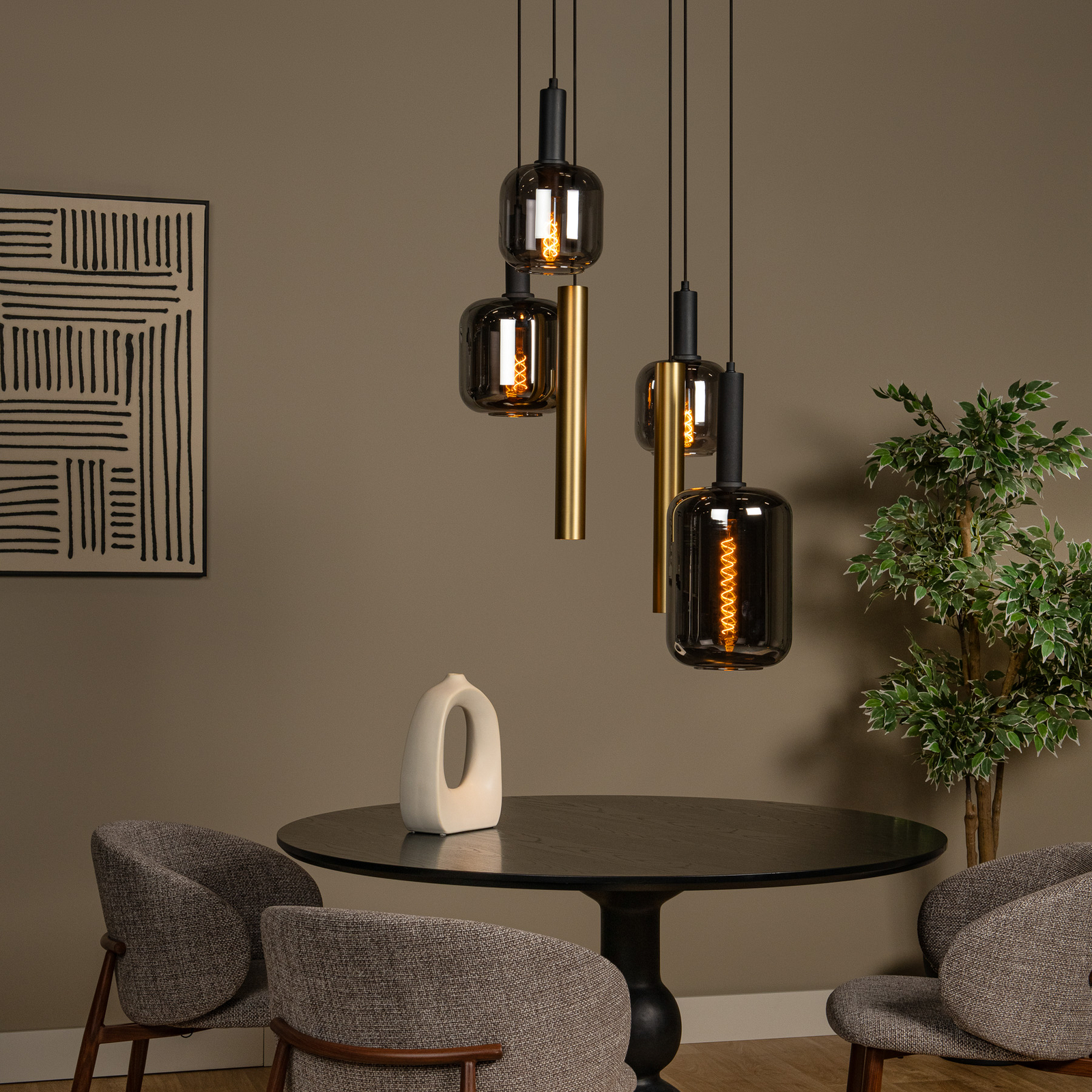 Visoka svetilka Joanet, Ø 65 cm, dimna/medenina steklo/kovina 6-svetilna.