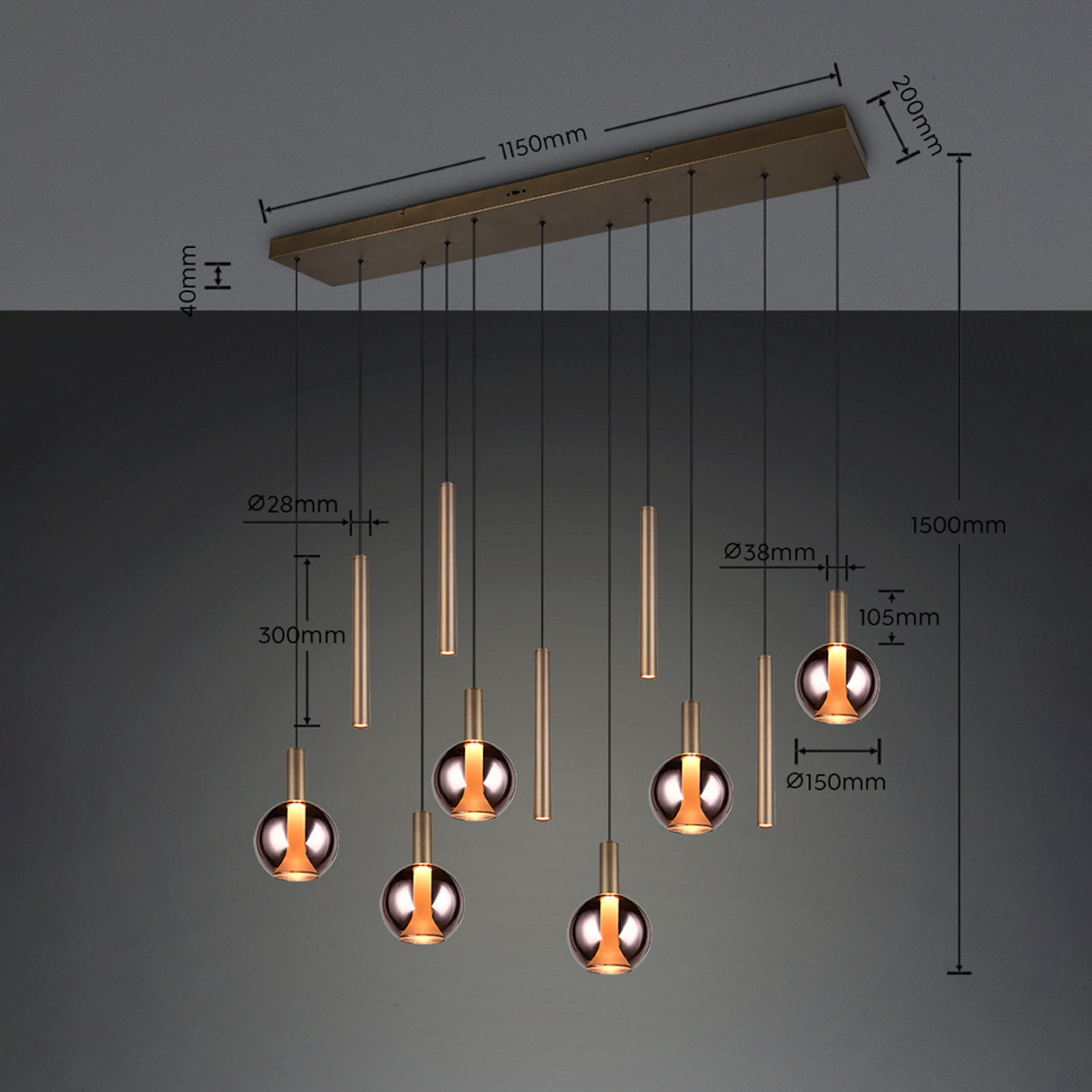 LED висяща лампа „Меларо“, 120 см, платинен цвят, метал/стъкло, 11-лампова