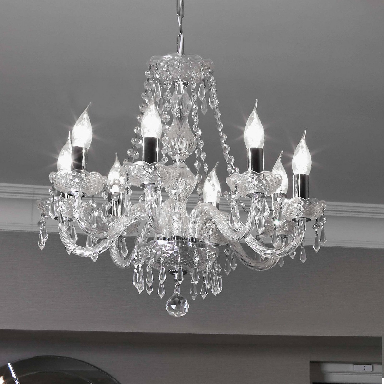 Searchlight Candelabru cristal Hale 8 becuri - Camera de zi / sufragerie - transparent crom - Metal