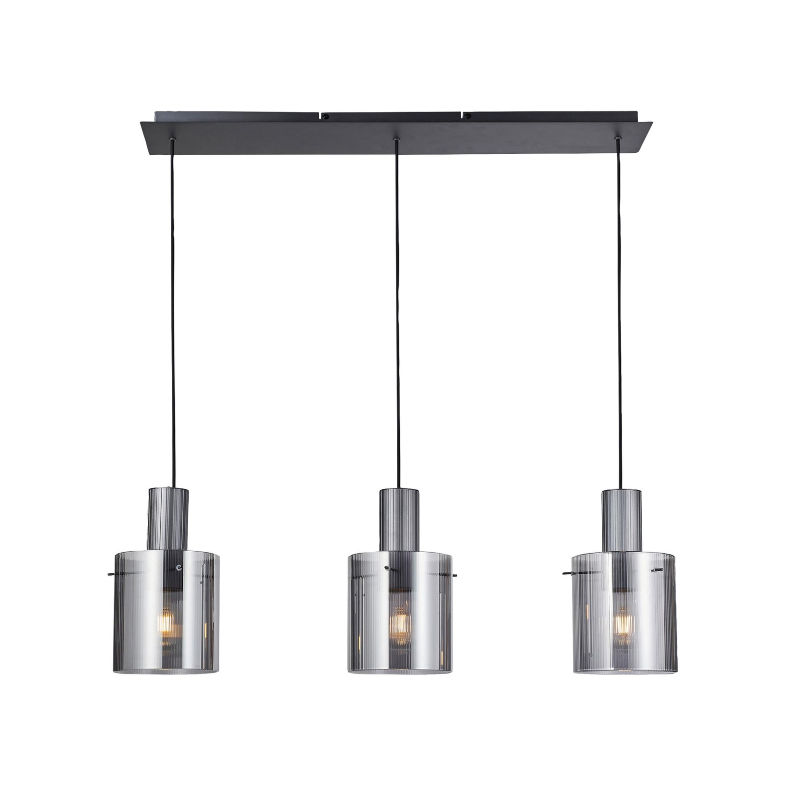 Riffelini hanging light, length 98 cm, smoky grey/black, 3-bulb.