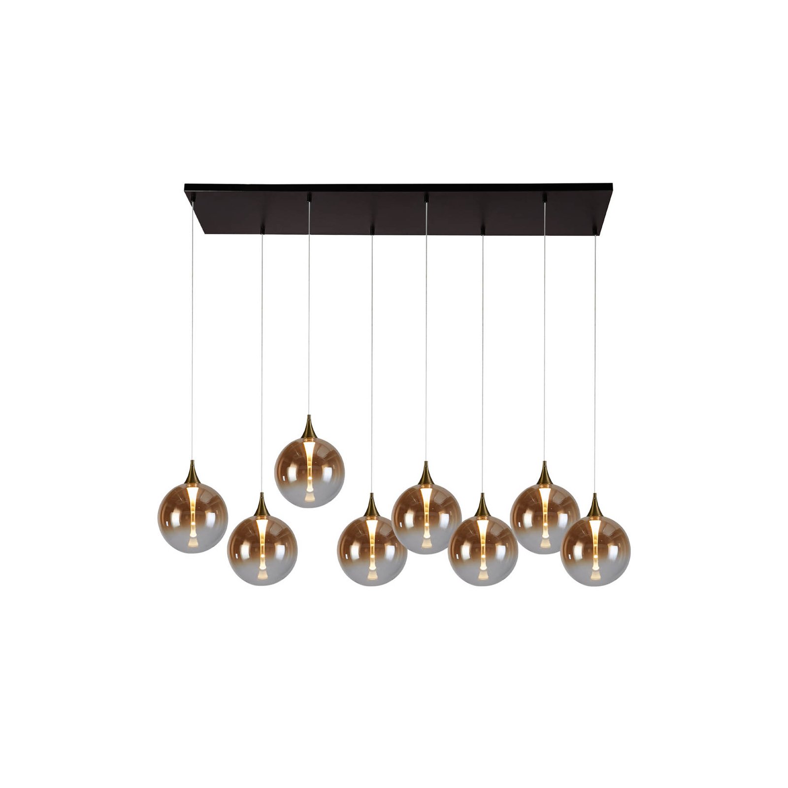 Candeeiro suspenso LED Alchemy, 8 luzes, preto, âmbar, vidro