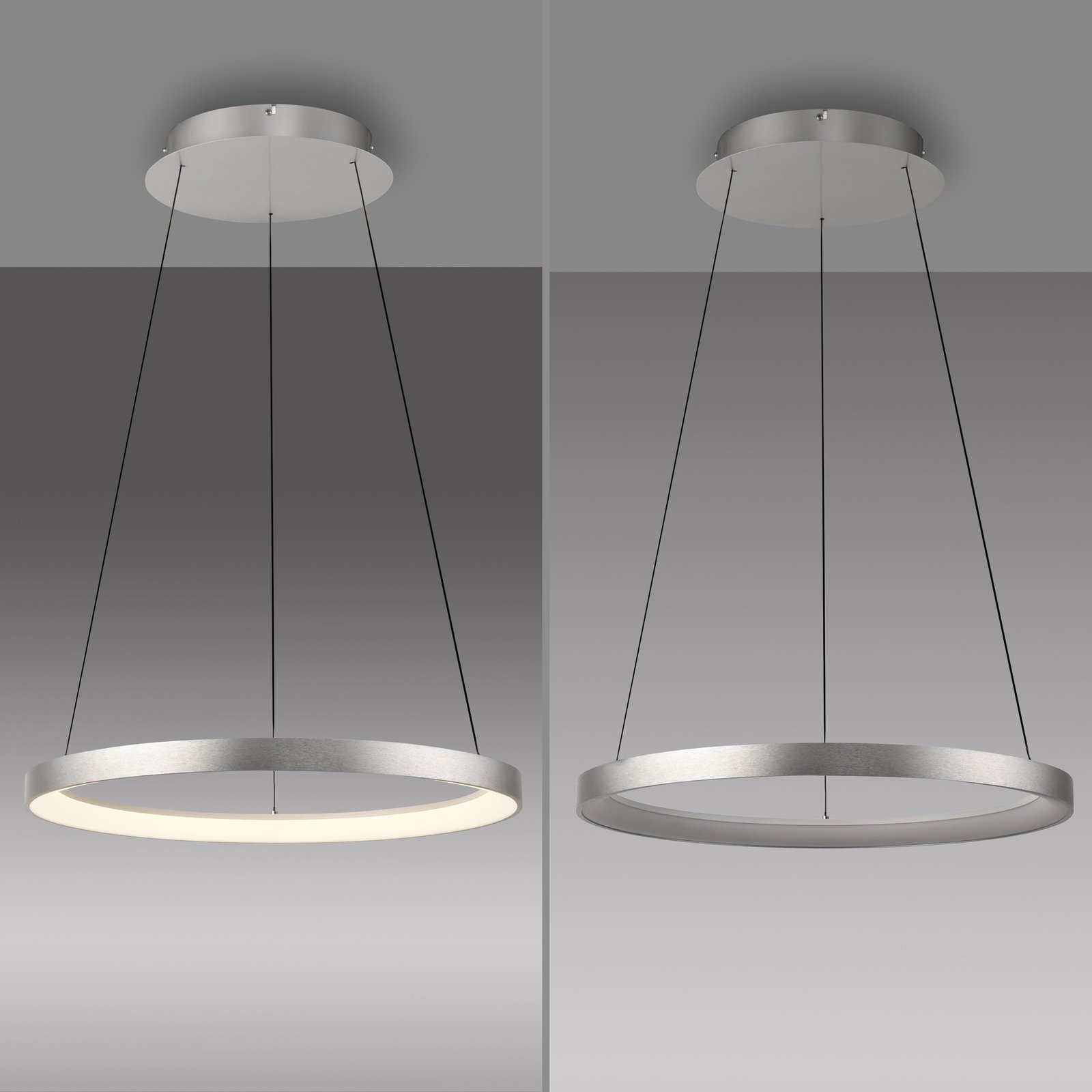 Paul Neuhaus LED piekaramā lampa Hoop, alumīnija krāsā, Ø 57cm, ar iespēju