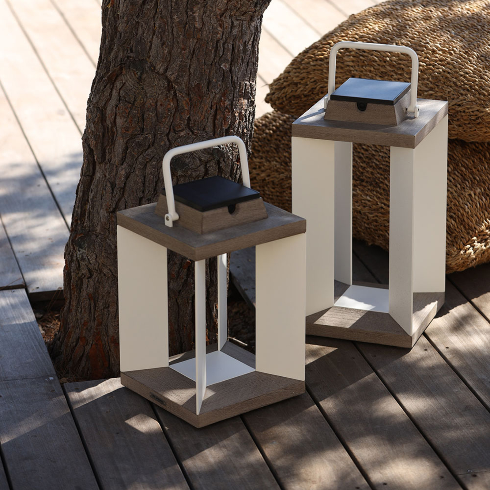 LES Jardins Teckinox soldrevet LED-lanterne, teak/stål, 45,5cm - solcelle udendørslampe med sensor - solcellelampe - med lysdæmper - stål, lyst træ - teaktræ, rustfrit stål