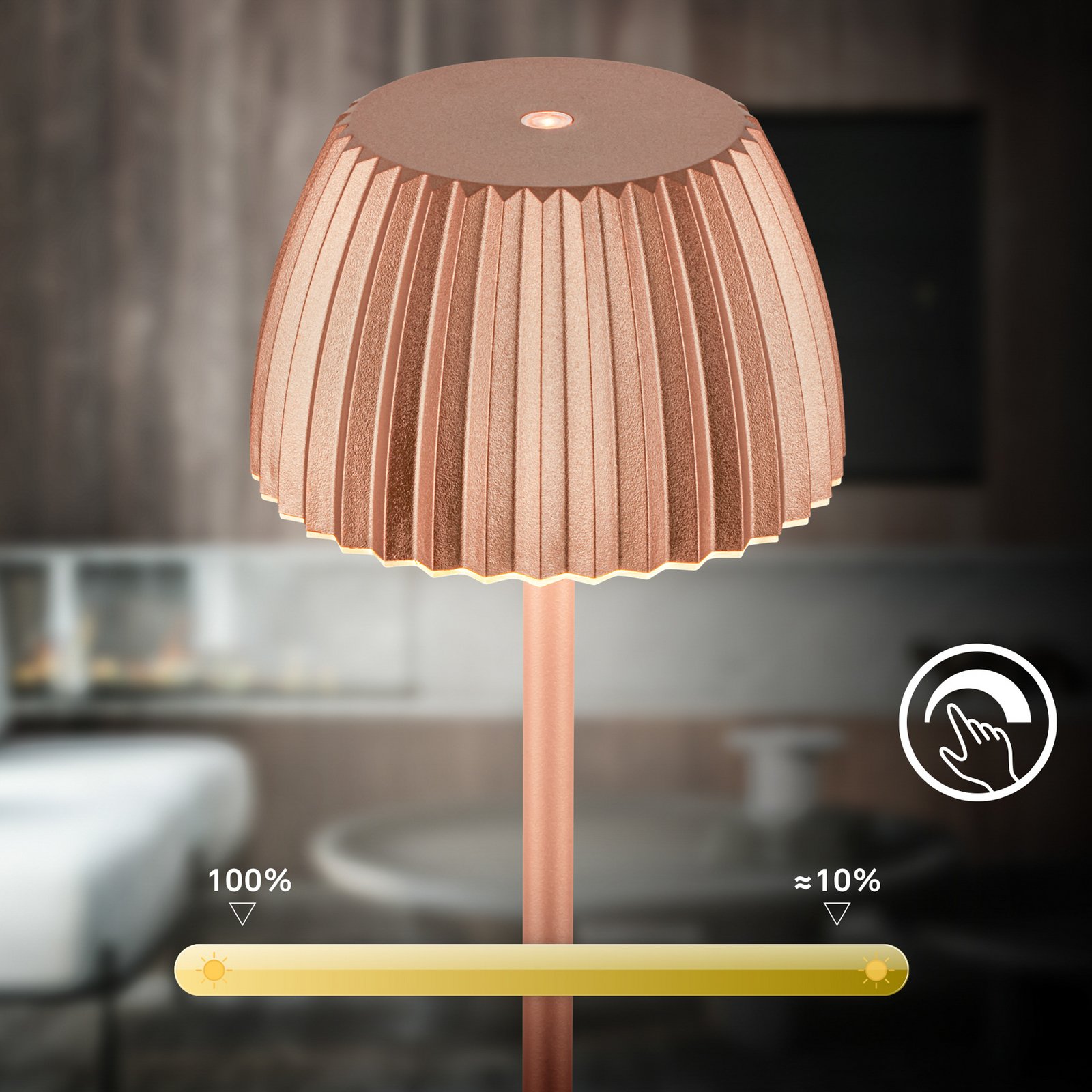 LED dobíjecí stojací lampa Brilo unplugged Riffle, měděná barva